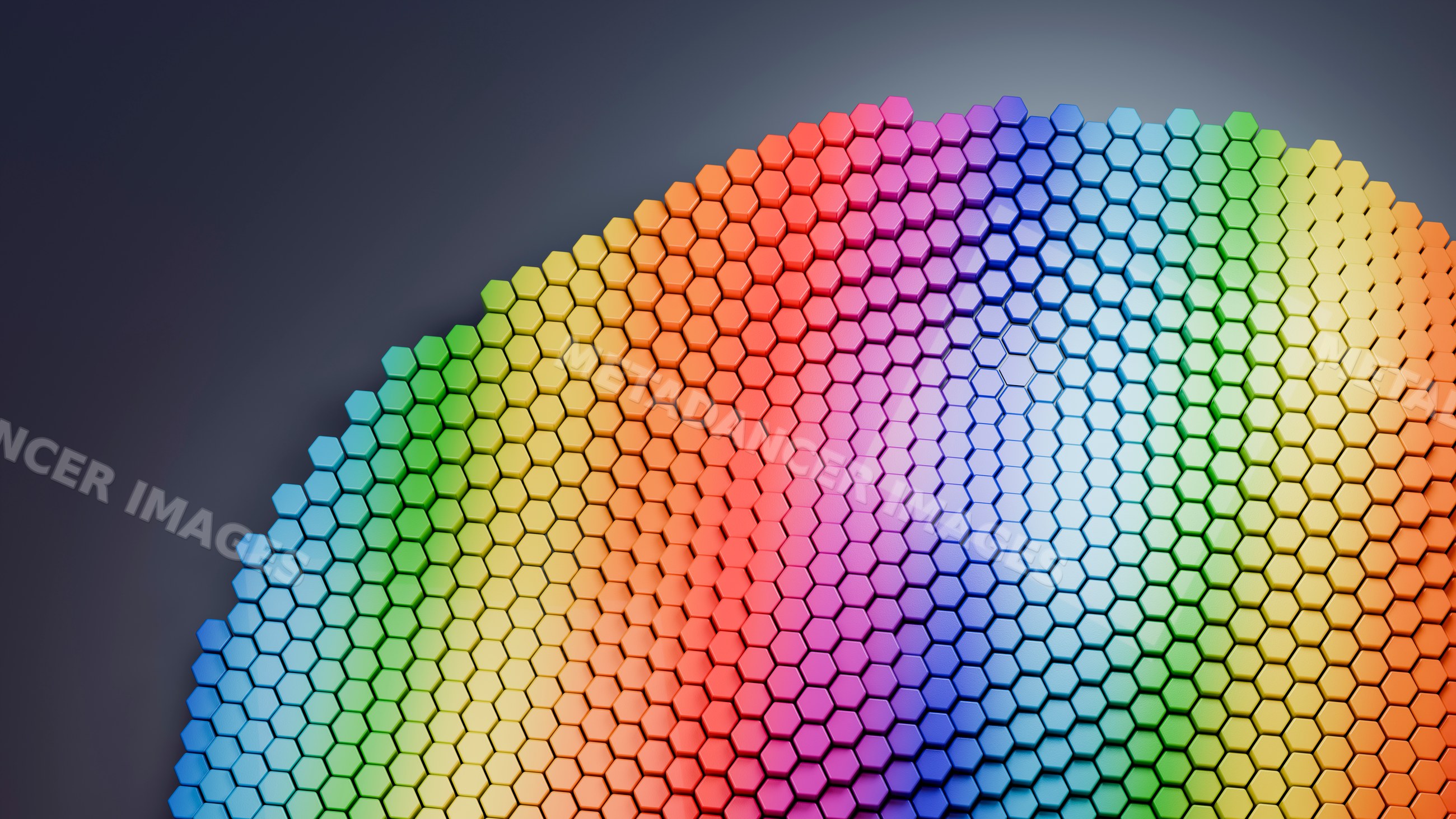 Curved honeycomb pattern formed by colorful hexagonal tiles