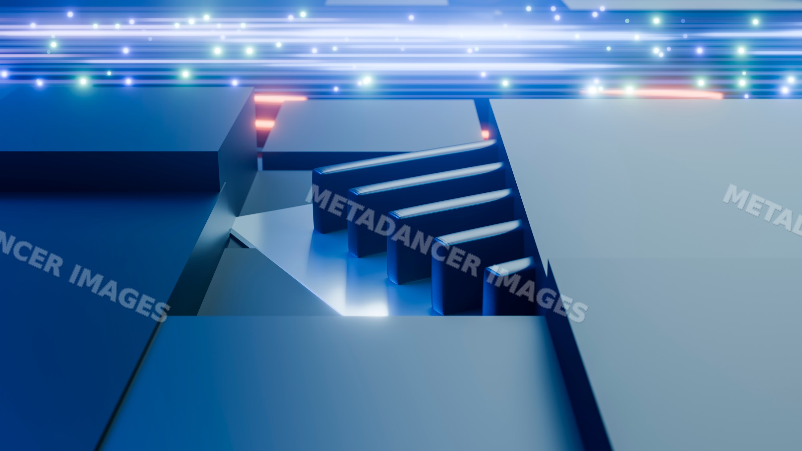 Closeup of blue microchip on circuit board with glowing data streaks