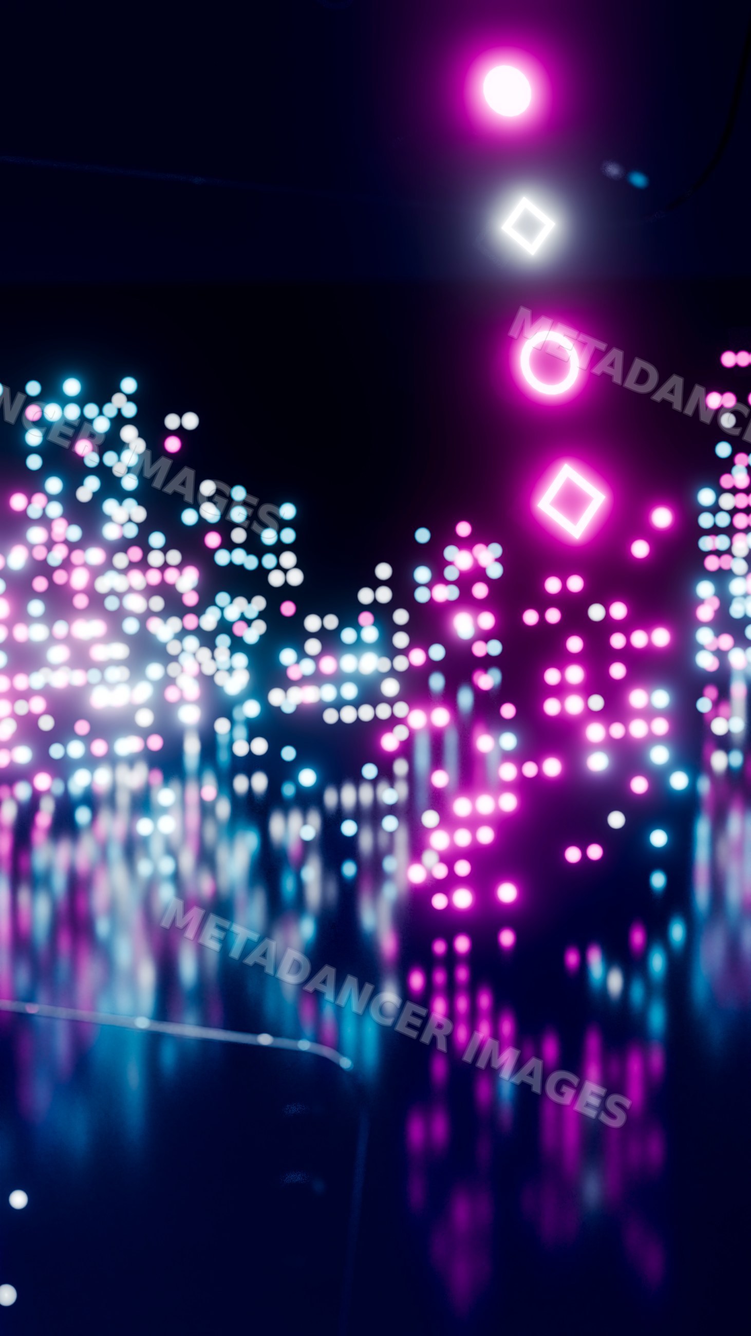Abstract digital neon lights with glowing shapes and reflections