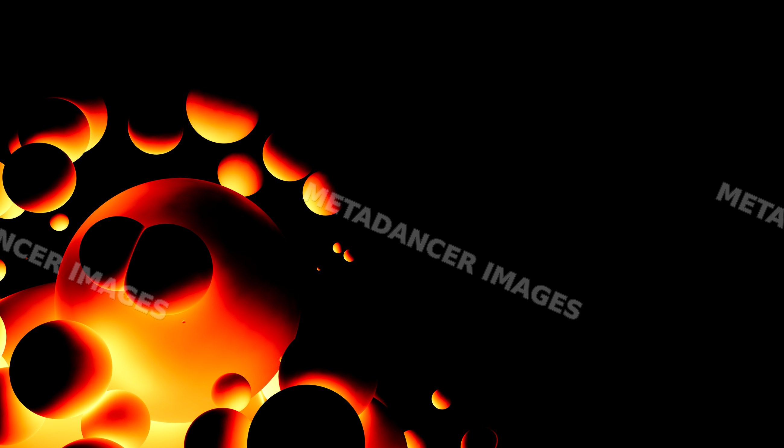 Glowing orange spheres float on a black background