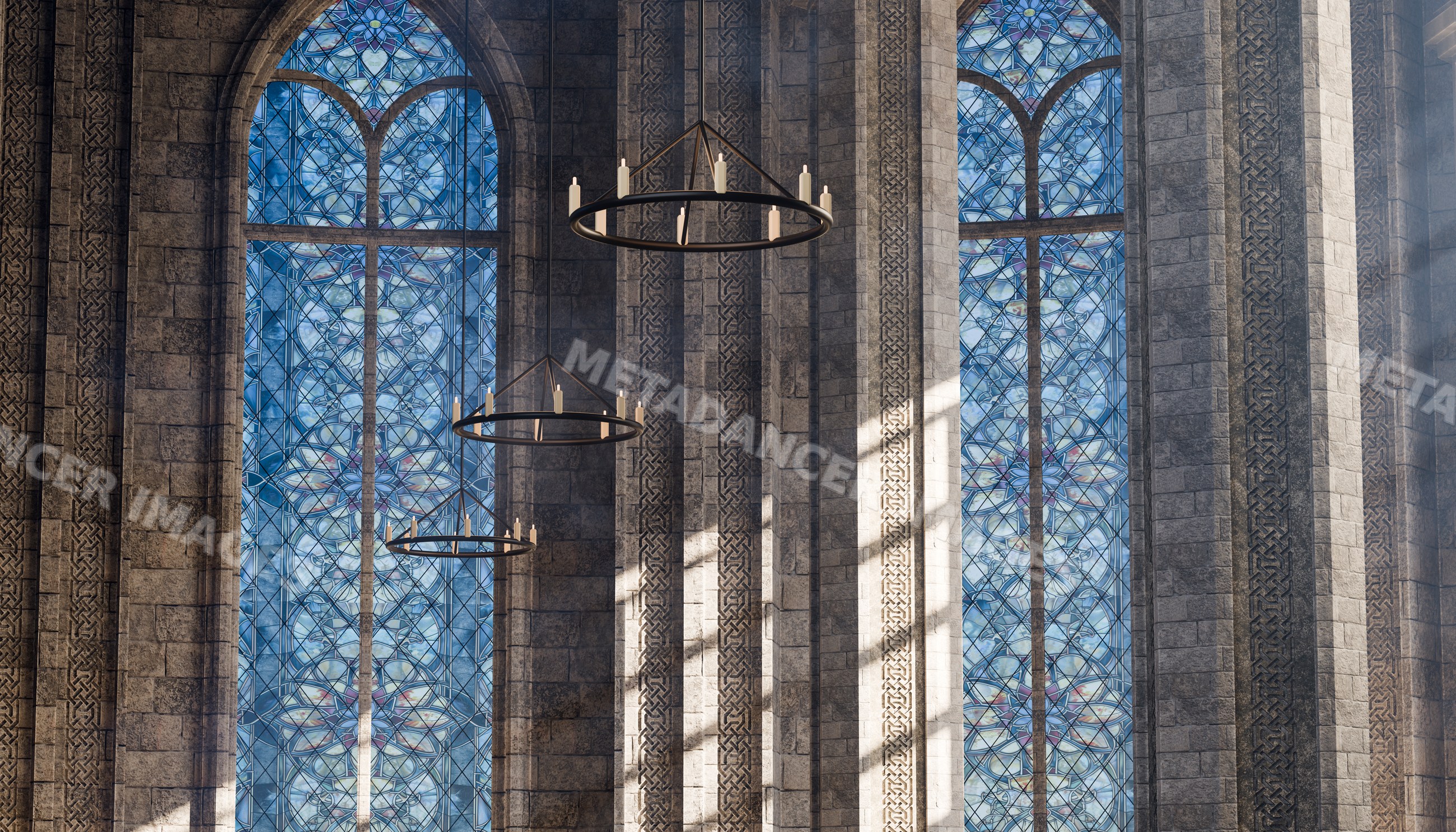 Gothic church interior with blue stained glass windows and candle