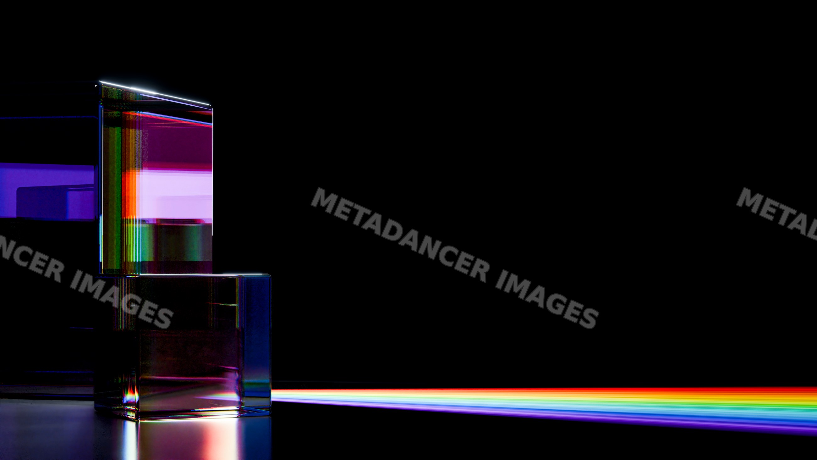 Light refracted through glass prism producing rainbow spectrum