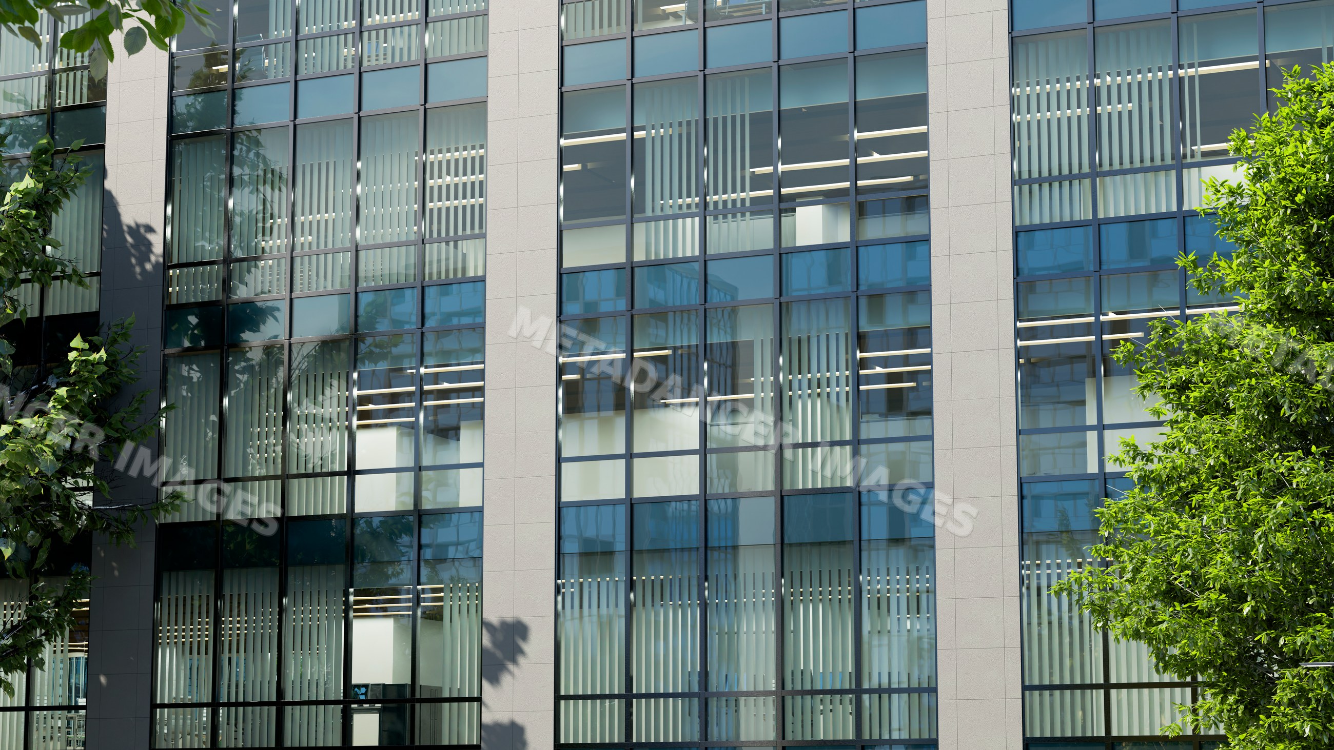 Office building with glass facade and vertical blinds