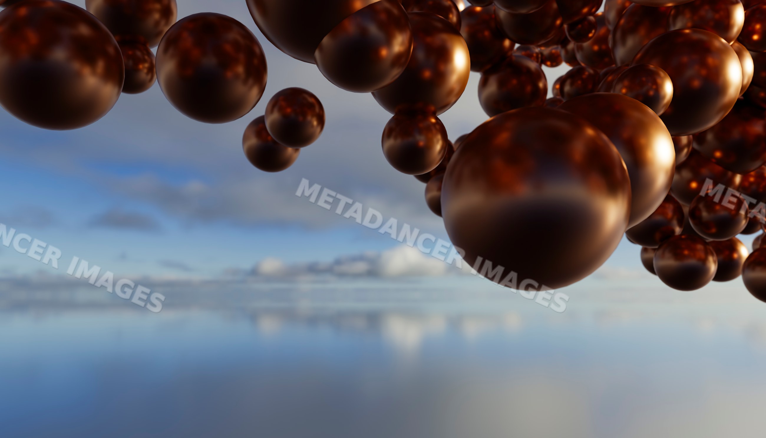 Reflective brown spheres float above calm water with sky reflections