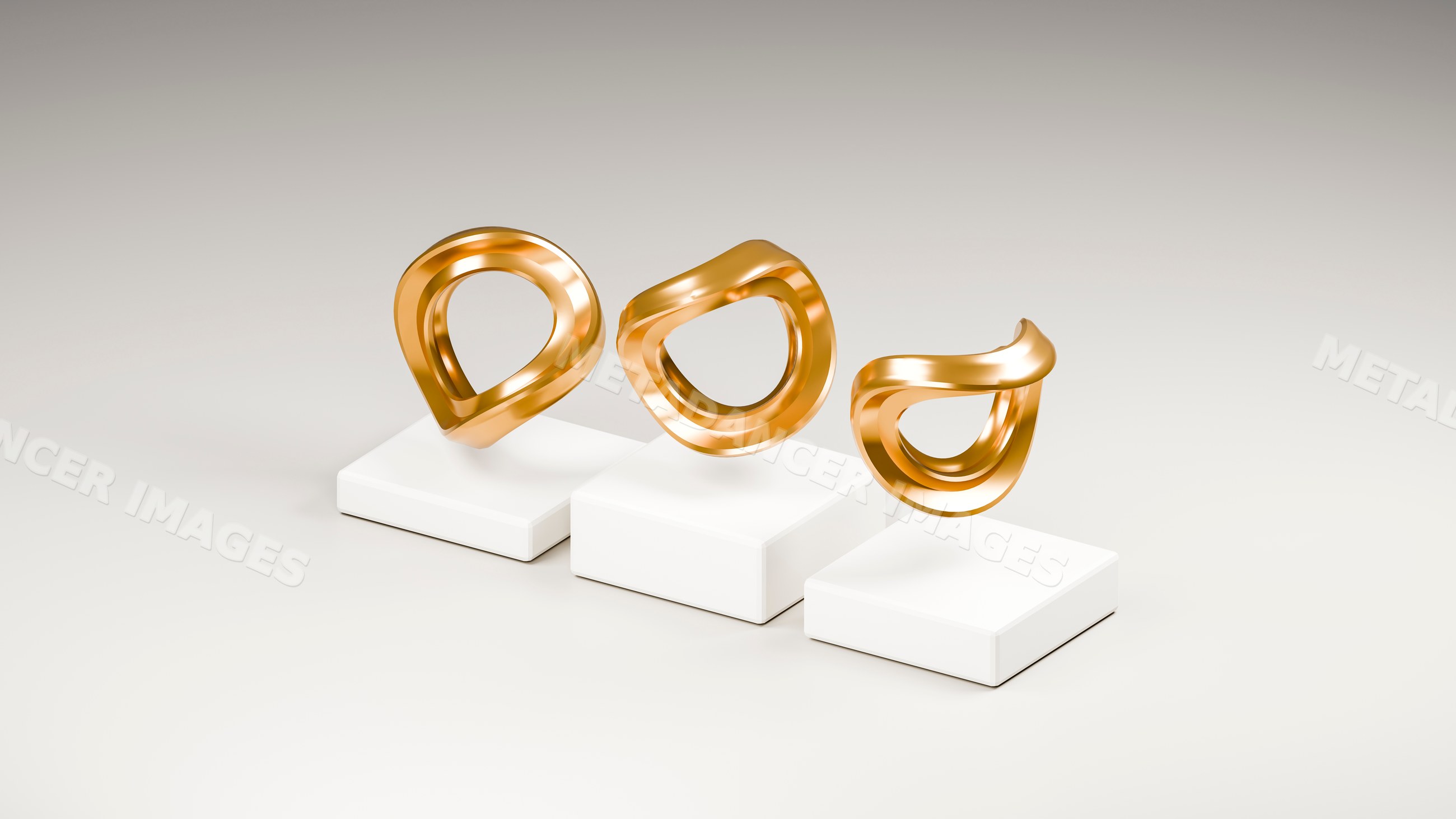 Three golden abstract sculptures on white pedestals