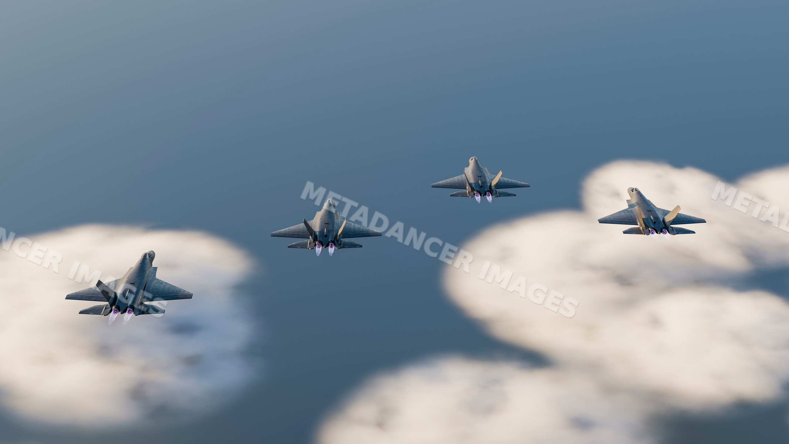 Fighter jets flying in formation with afterburners active above clouds