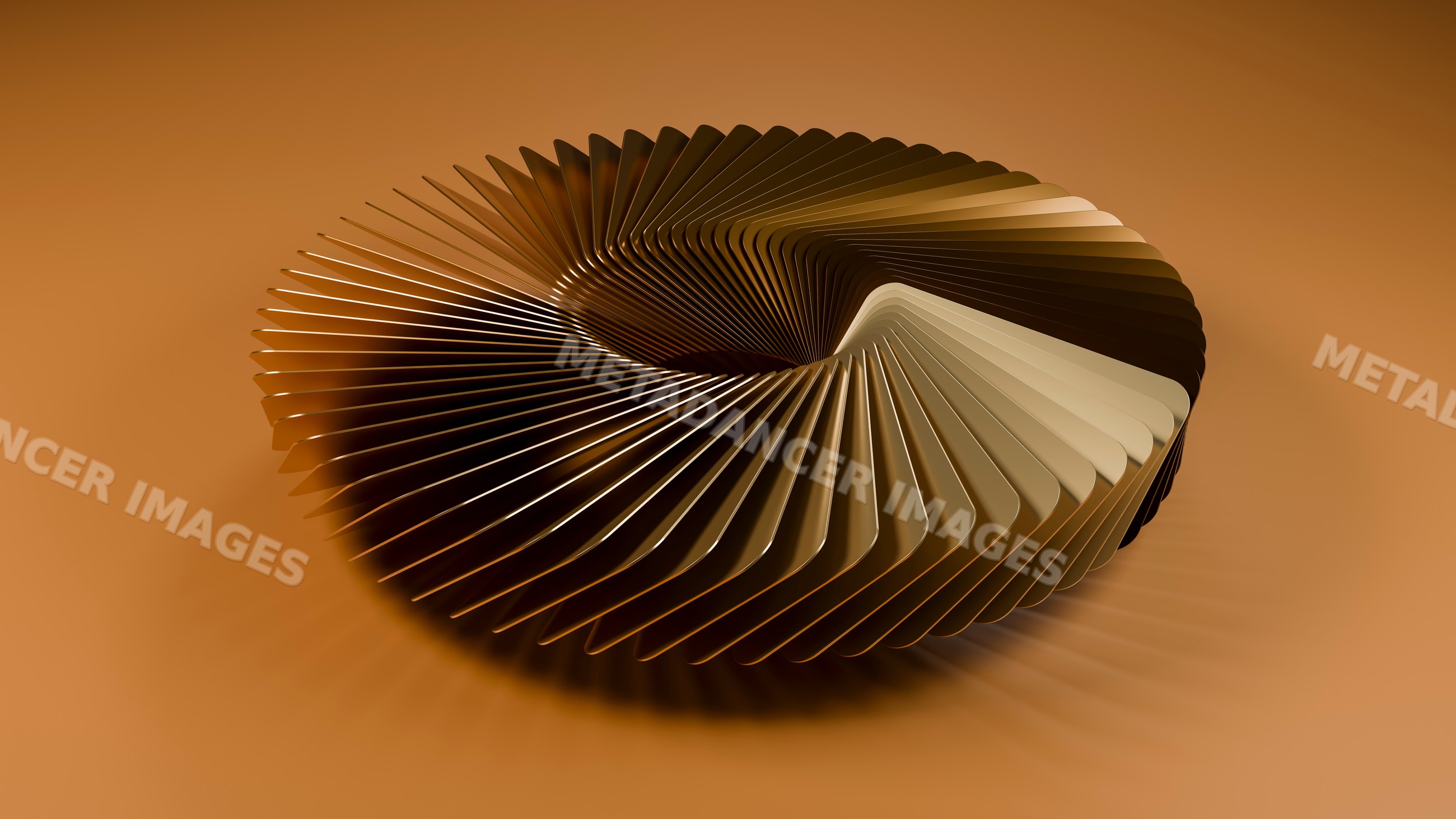 Metal spiral sculpture with golden tones on brown background