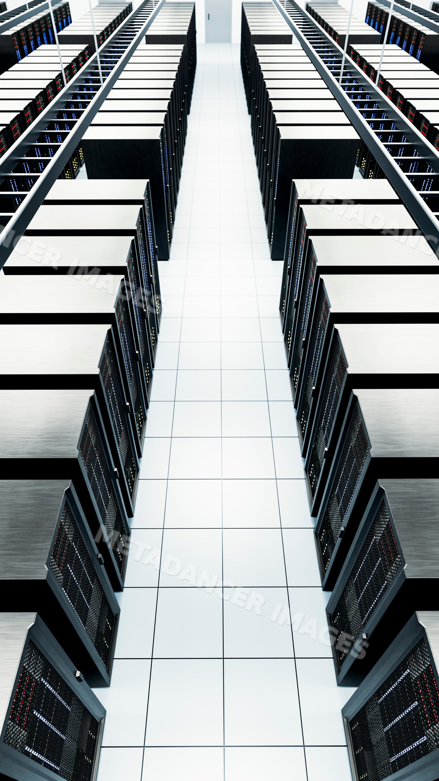 Data center aisle with rows of server racks in a modern facility