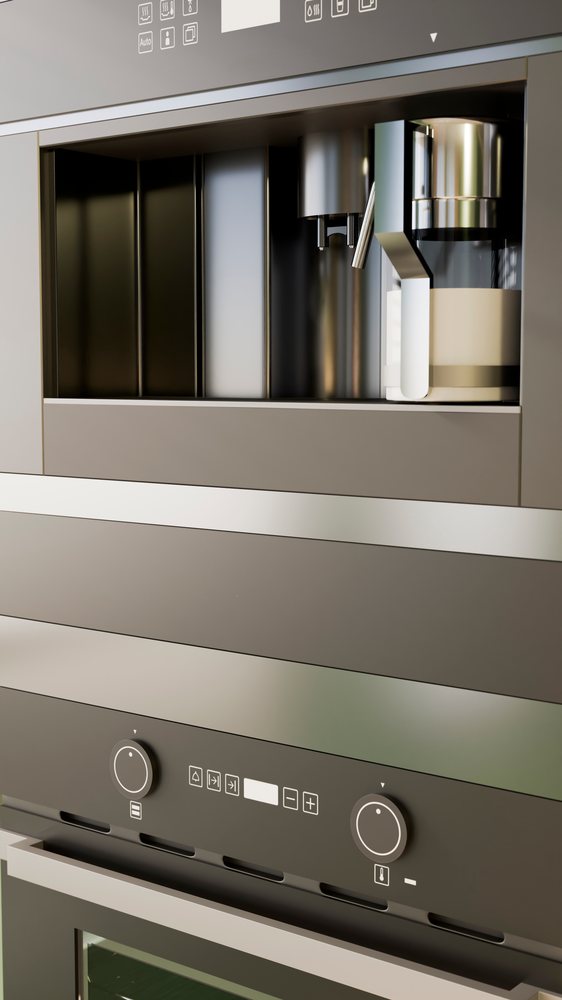 Built-in coffee machine with control knobs and digital display panel