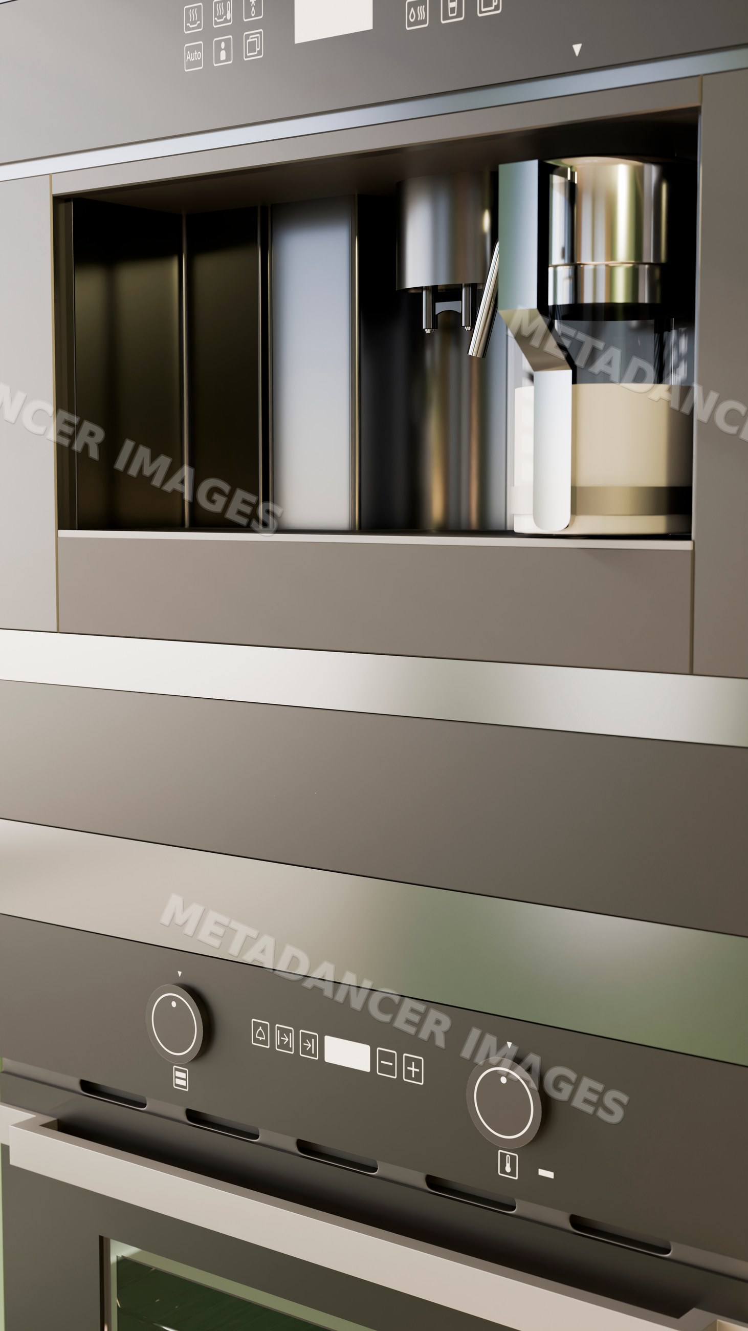 Built-in coffee machine with control knobs and digital display panel