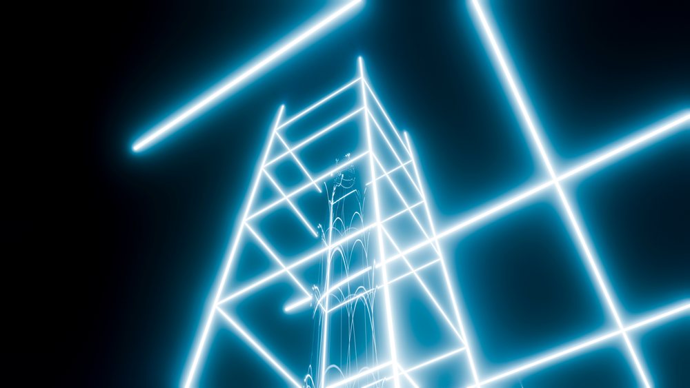 Glowing blue neon geometric digital structure on dark background