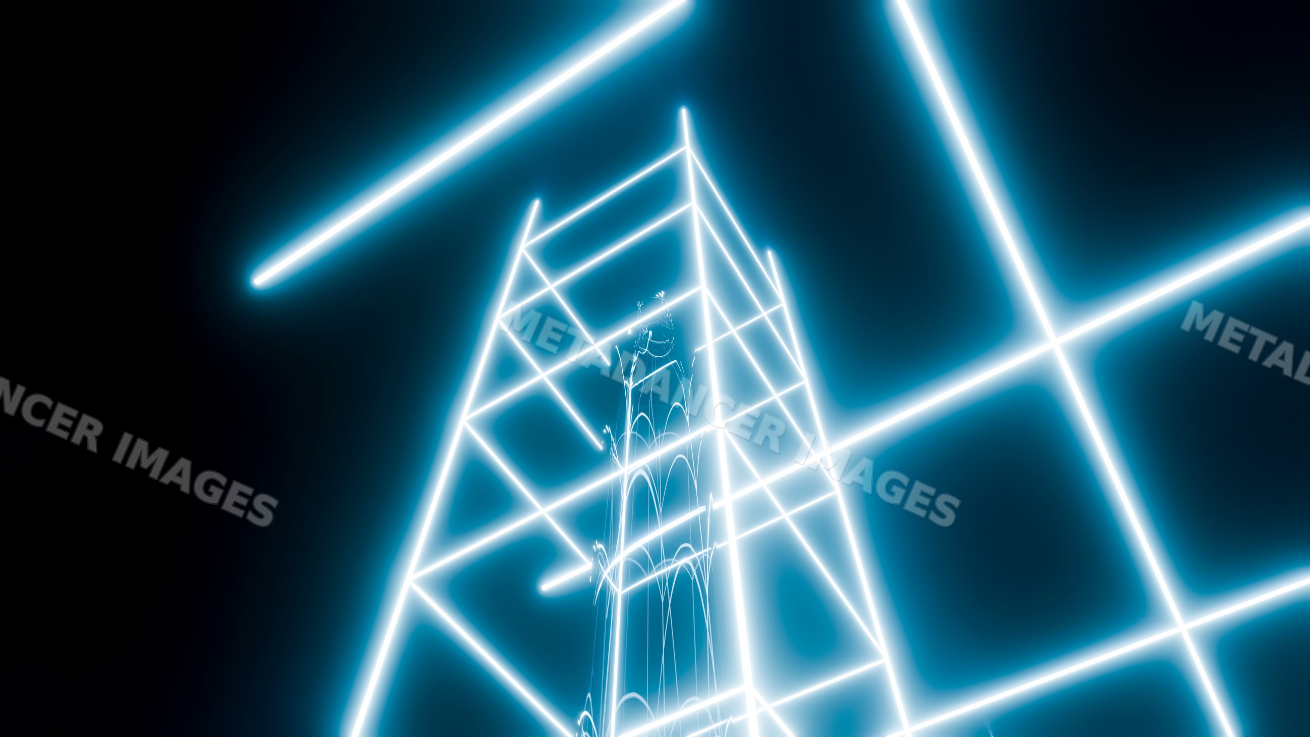 Glowing blue neon geometric digital structure on dark background