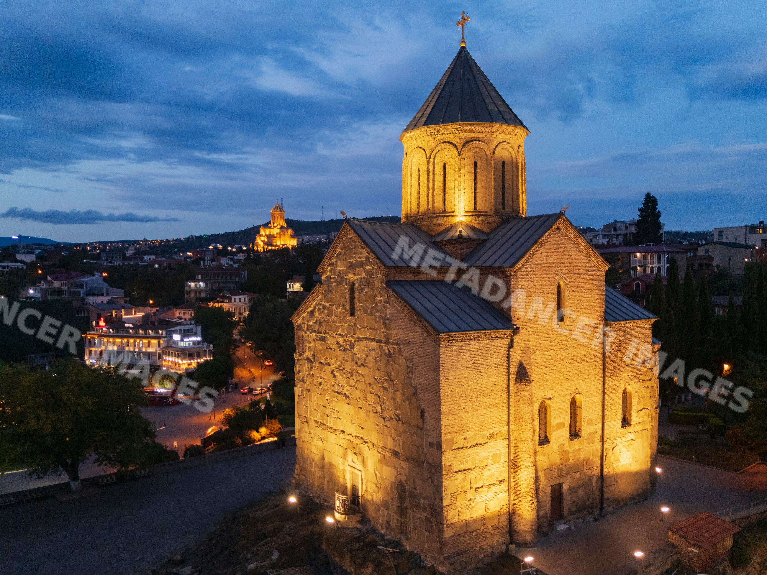 Metekhi Church illuminated at Dusk in tbilisi