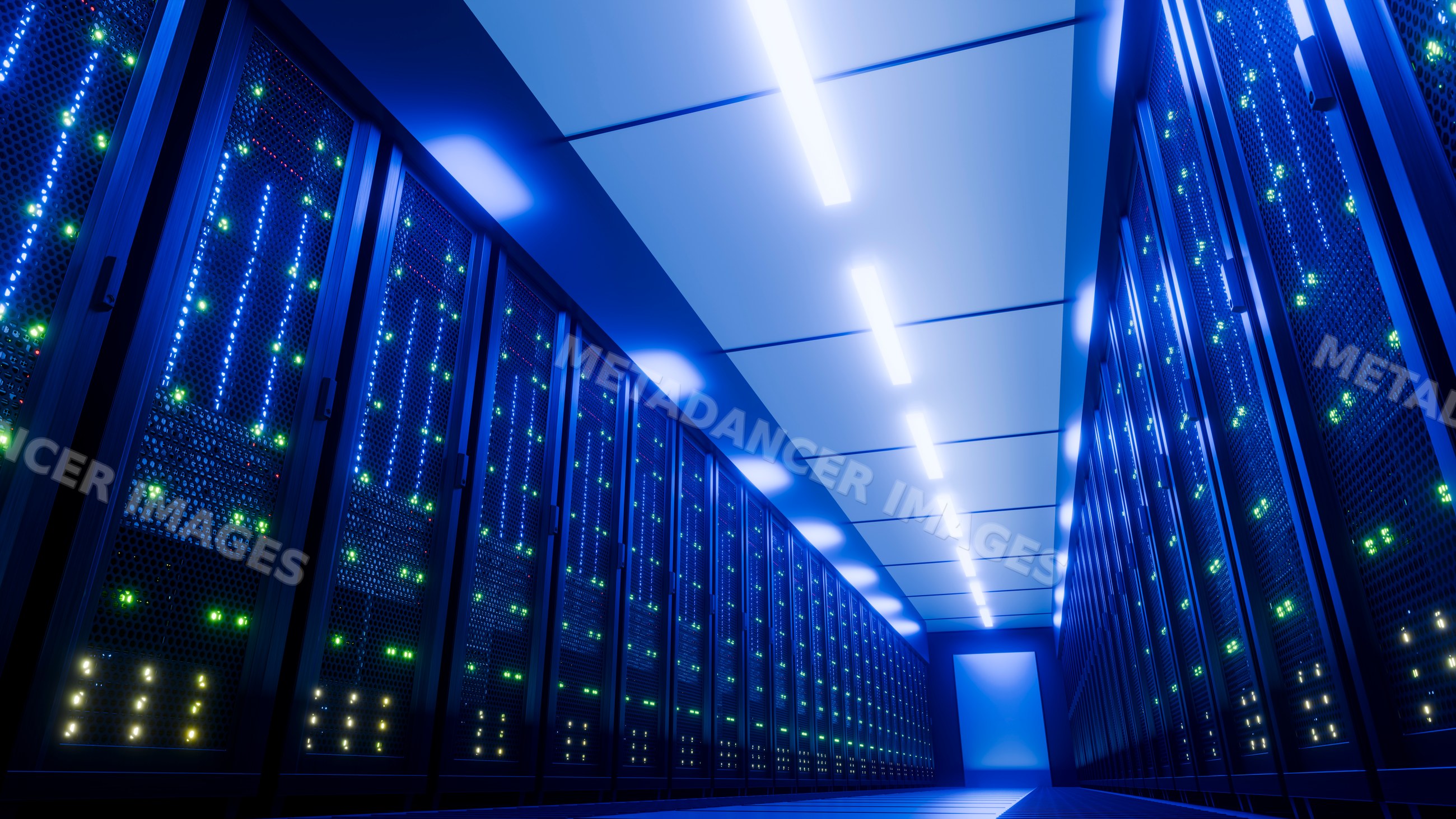 Computer servers in a modern blue-lit data center server room