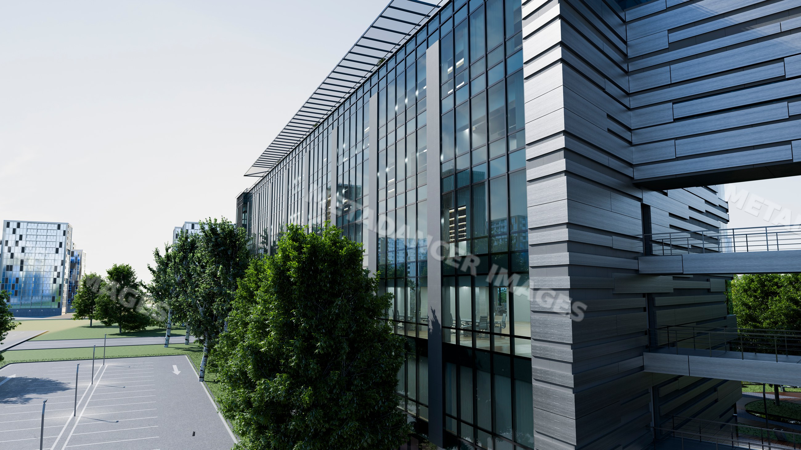 Modern commercial building with glass facade and outdoor trees