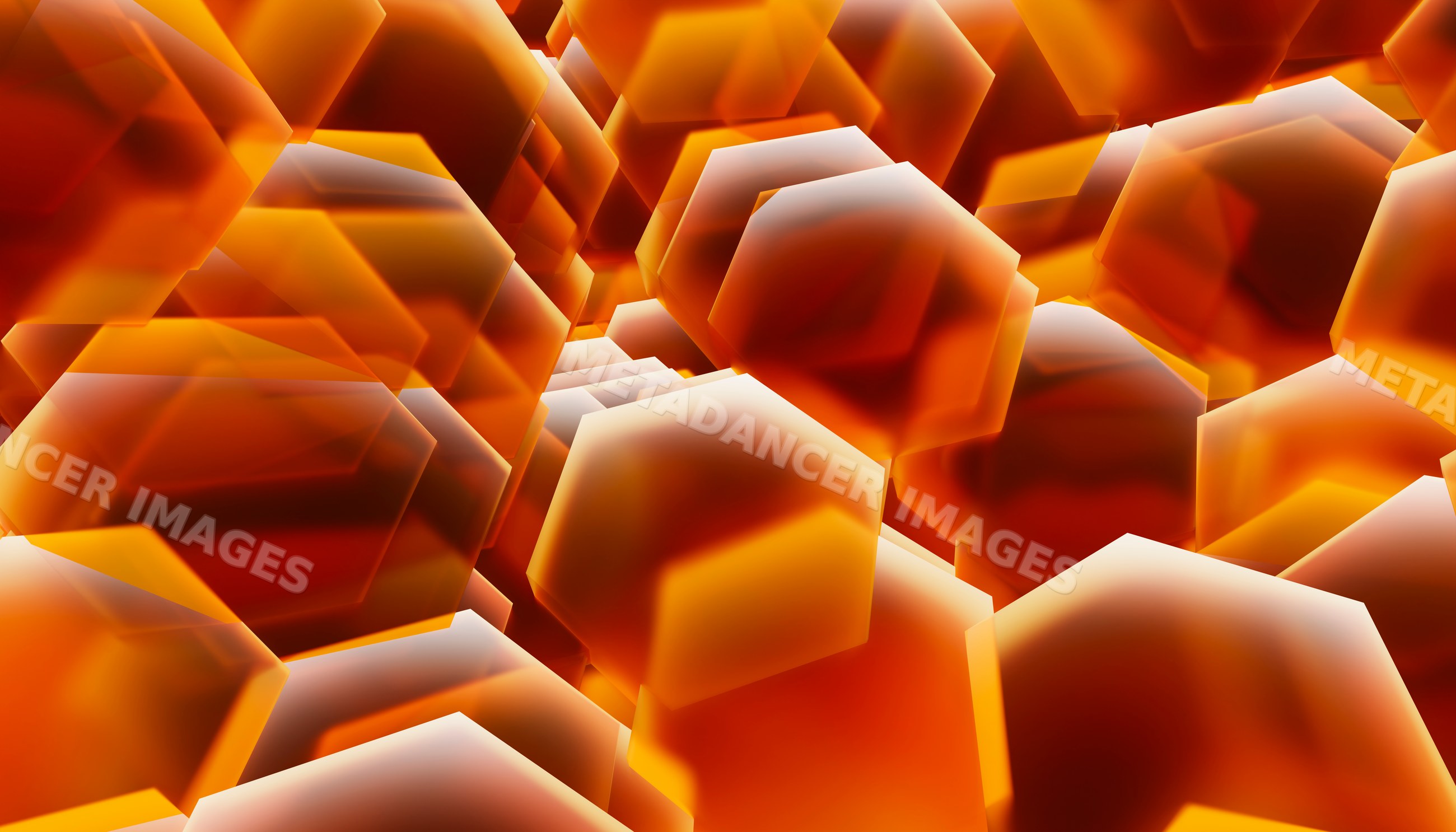 Abstract 3d rendering of glowing orange hexagonal shapes in pattern