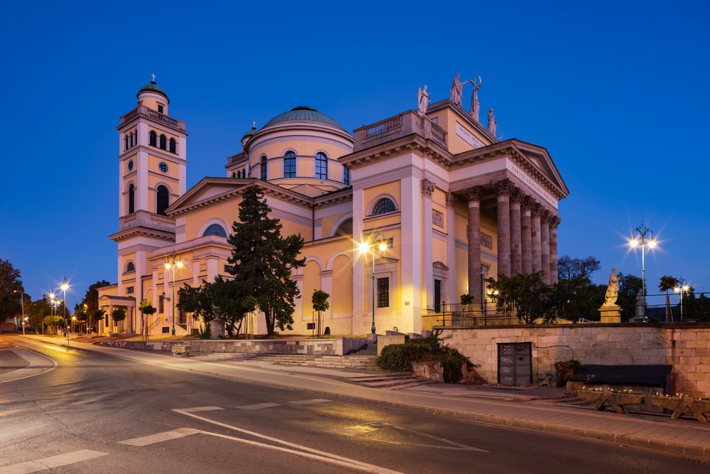 Cathedral basilica of st john the apostle in Eger Hungary at dawn