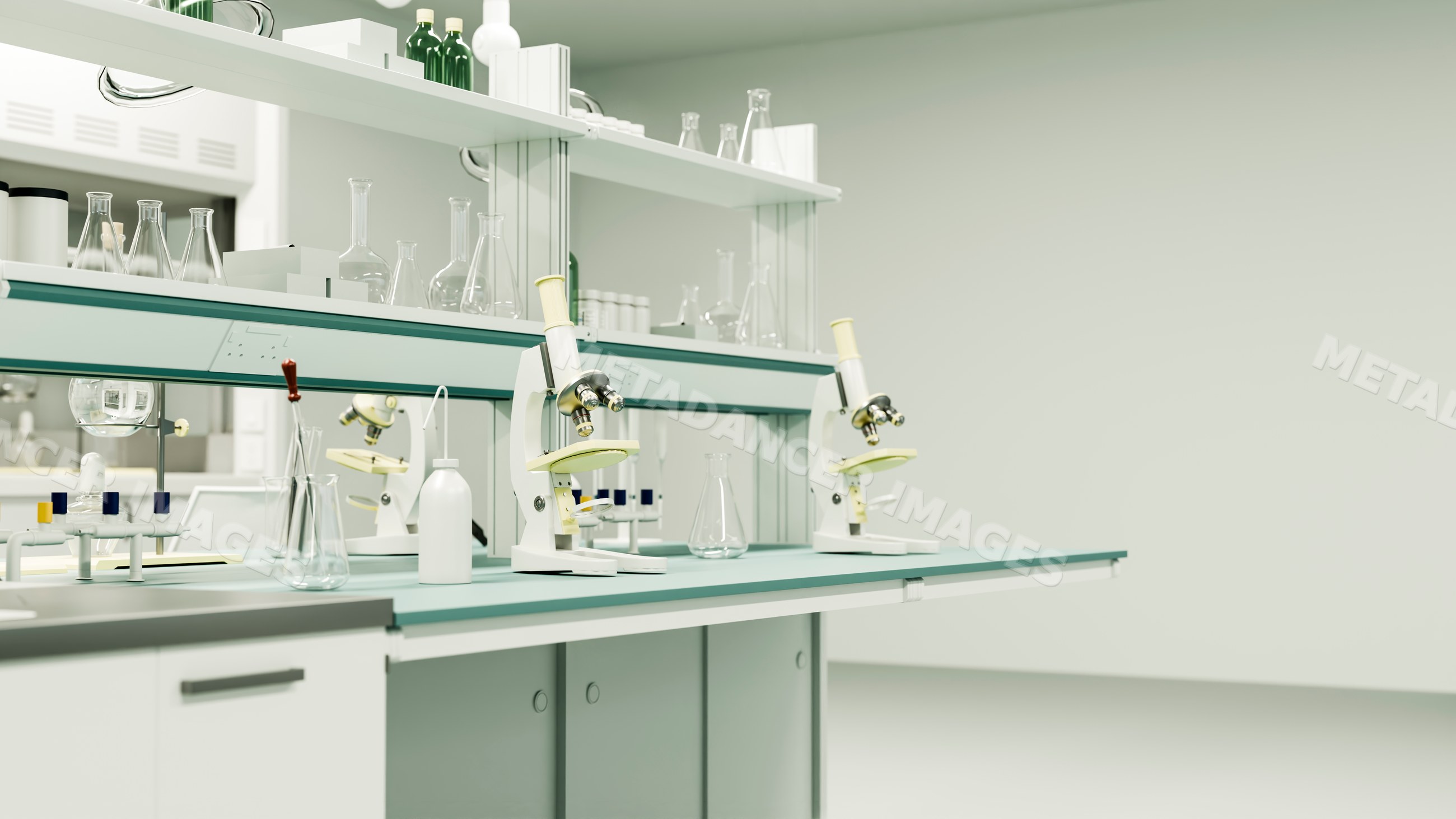 Microscopes and scientific glassware on laboratory countertops