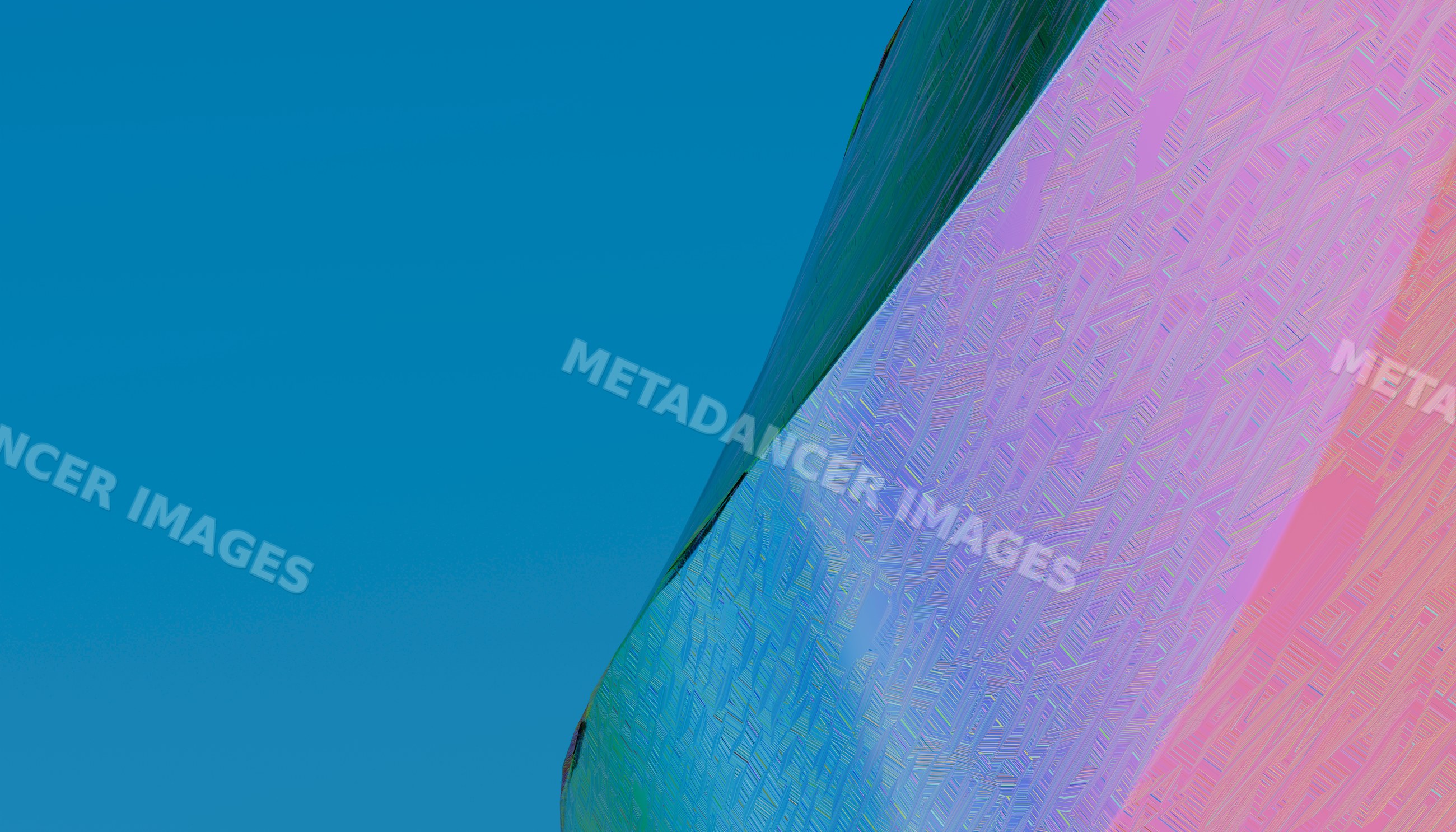 Patterned colored glass panel with blue and pink hues against sky