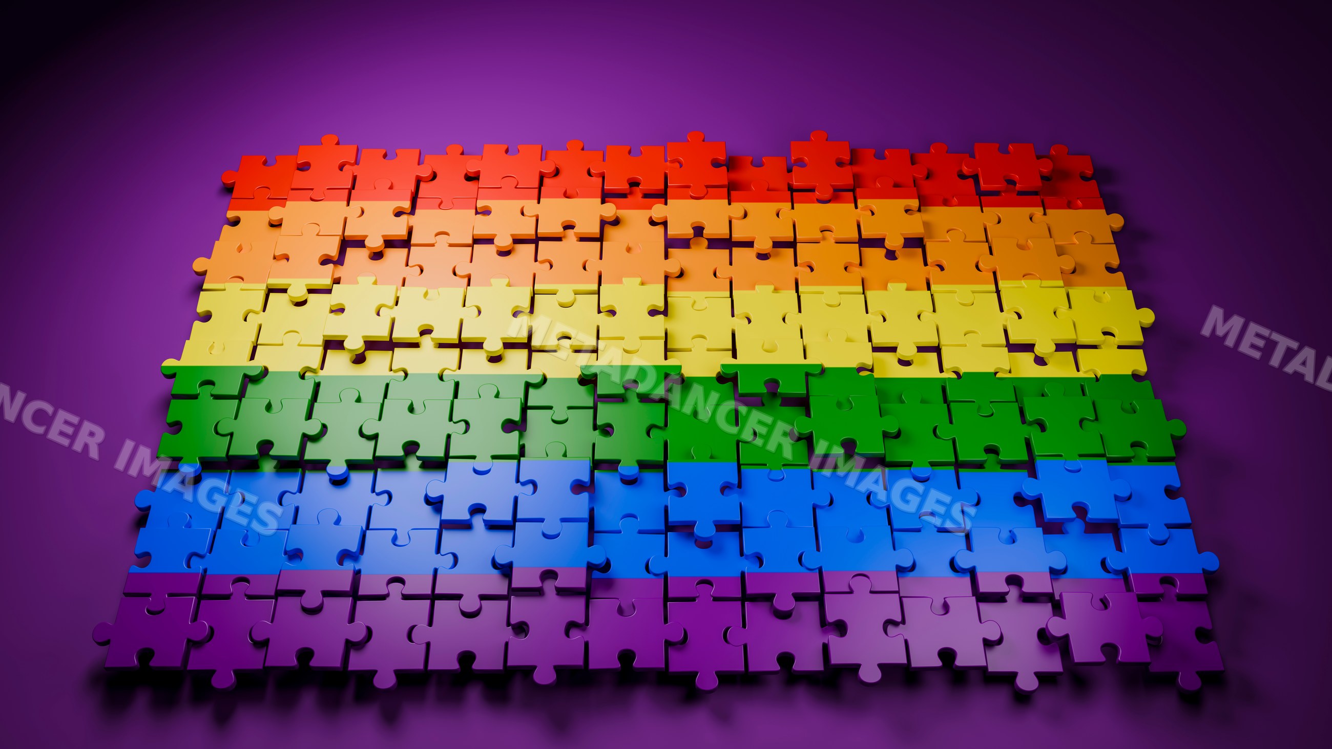 Jigsaw puzzle with rainbow color gradient partially assembled