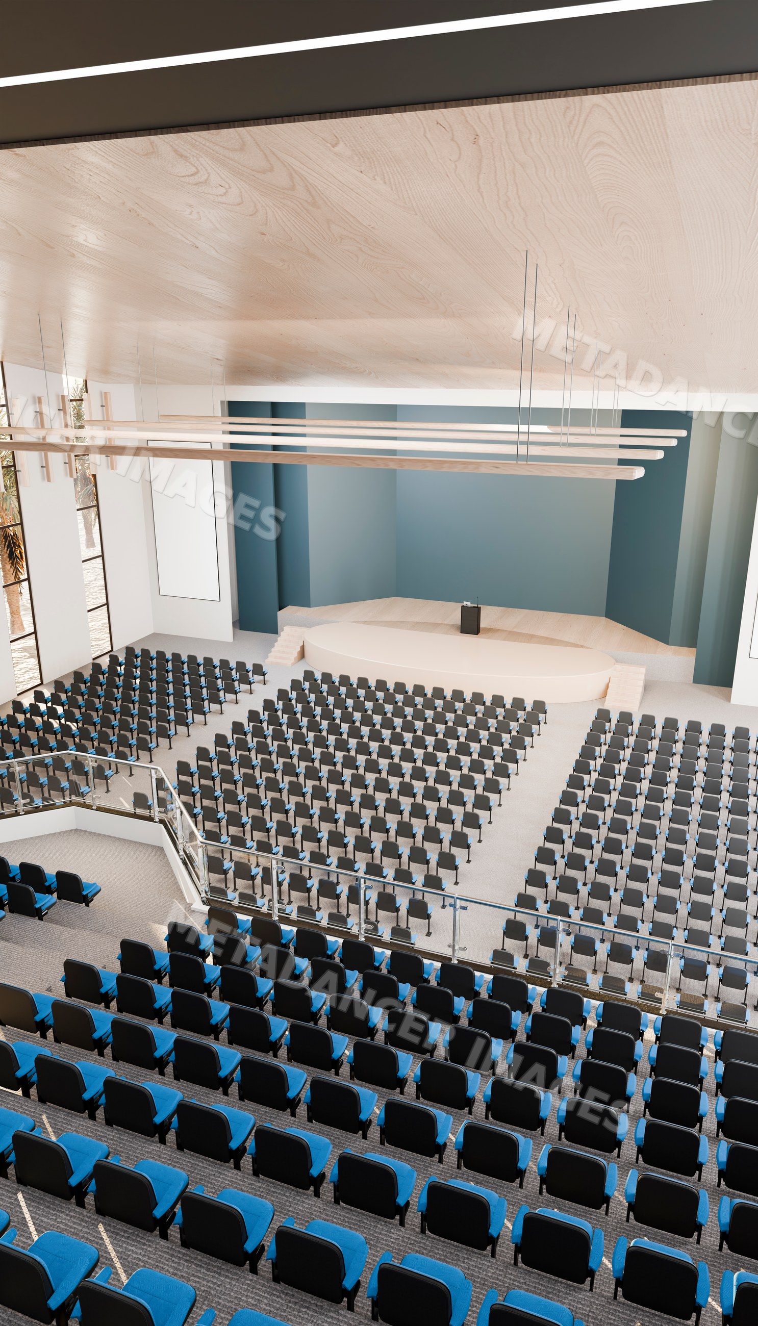 Conference hall with stage and blue seating