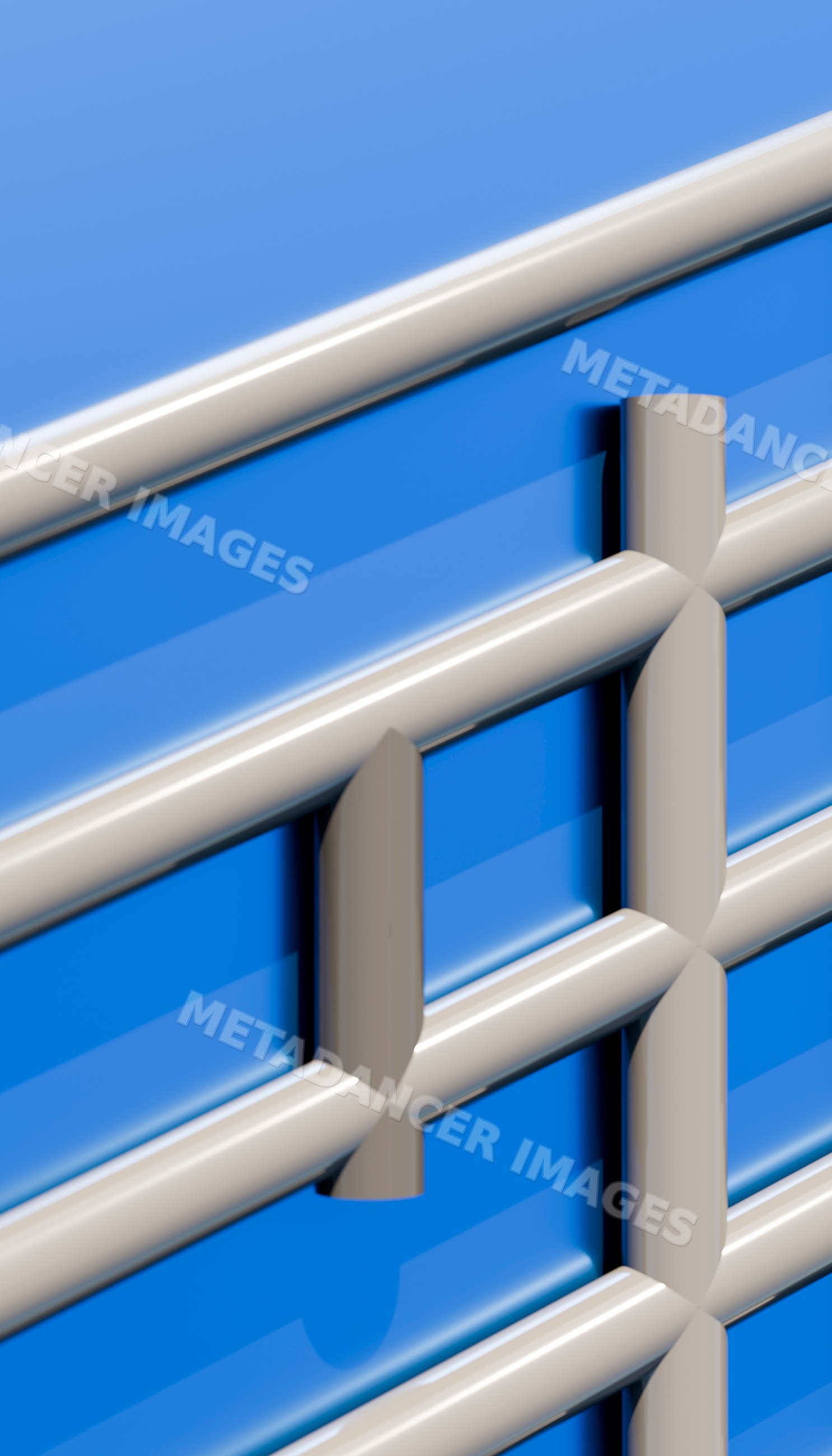 White horizontal plastic window blinds with blue background