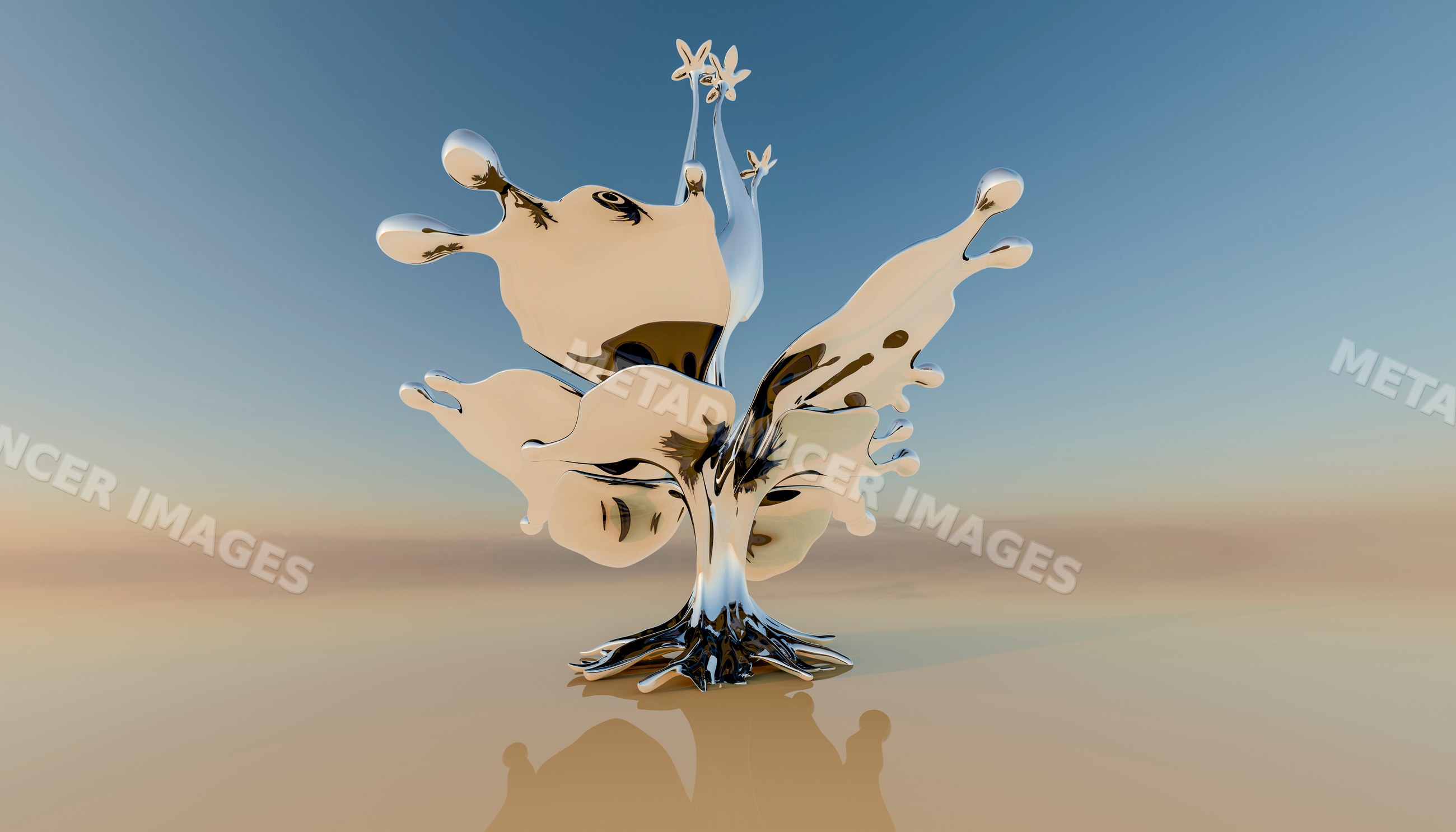A shiny silver liquid splash sculpture with fluid abstract shapes