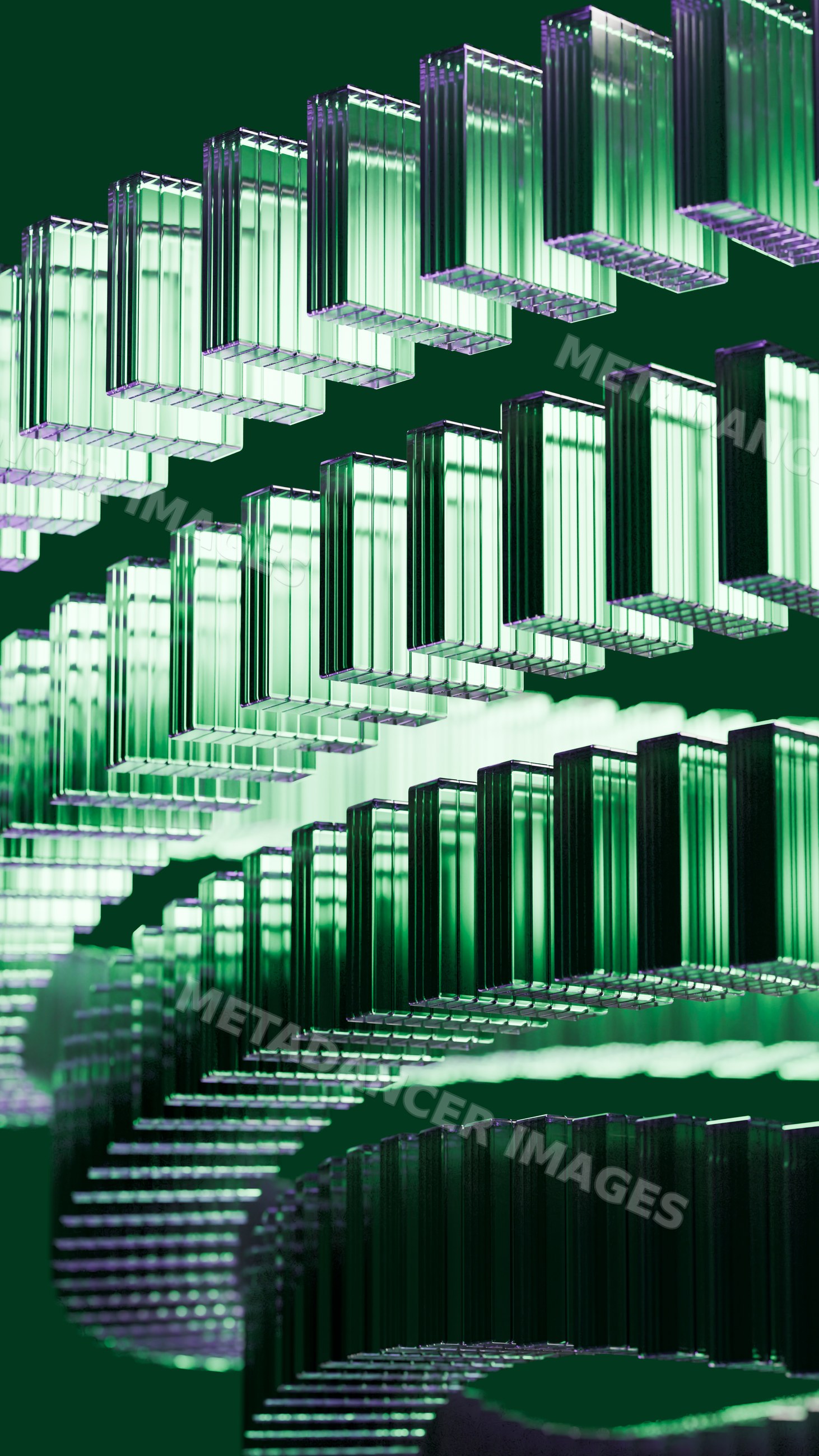 Stacked green glass rectangular prisms in repeating pattern