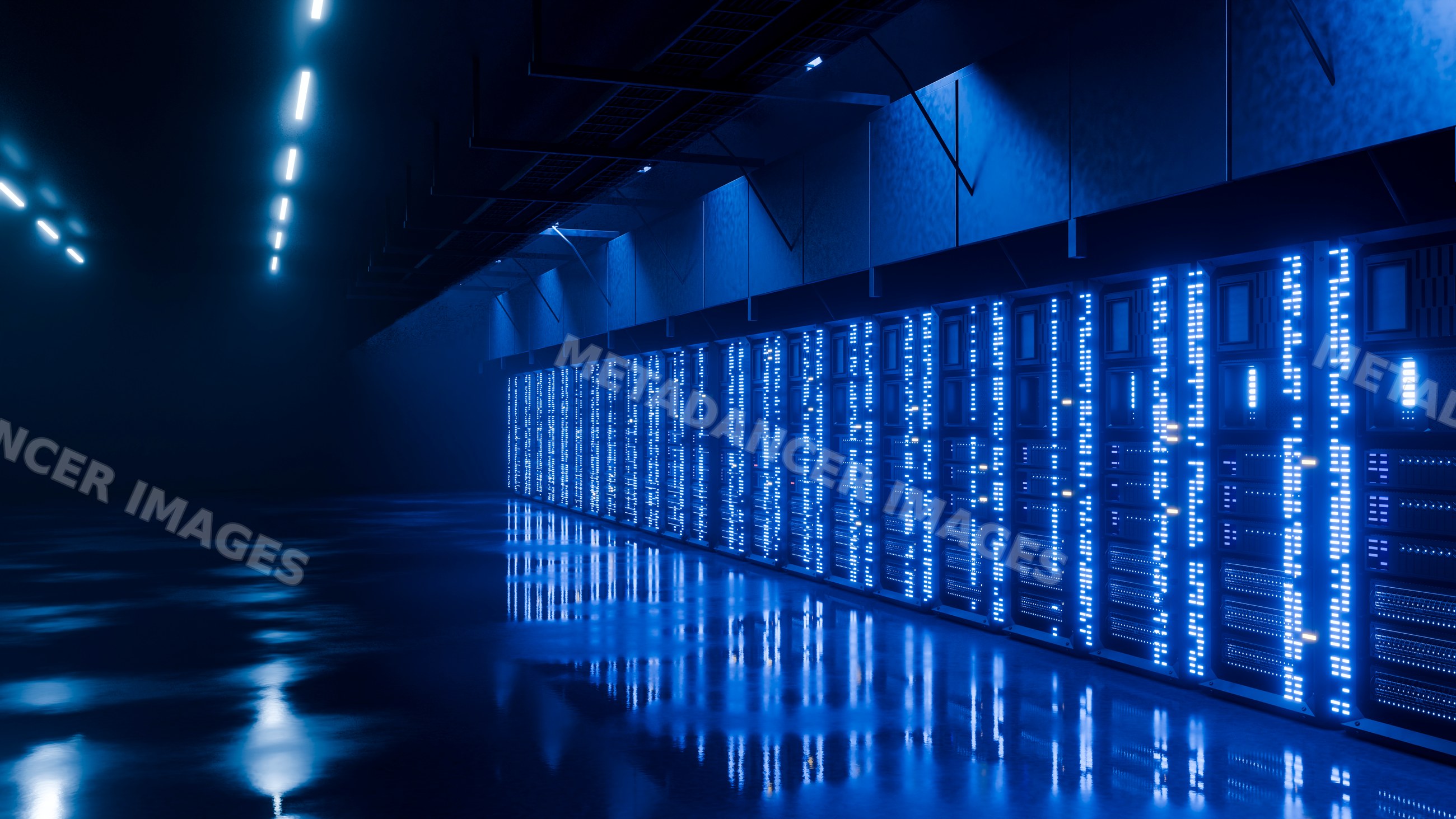 Data center server racks with blue led lights
