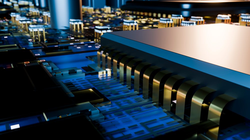 Computer chip with golden pins on printed circuit board