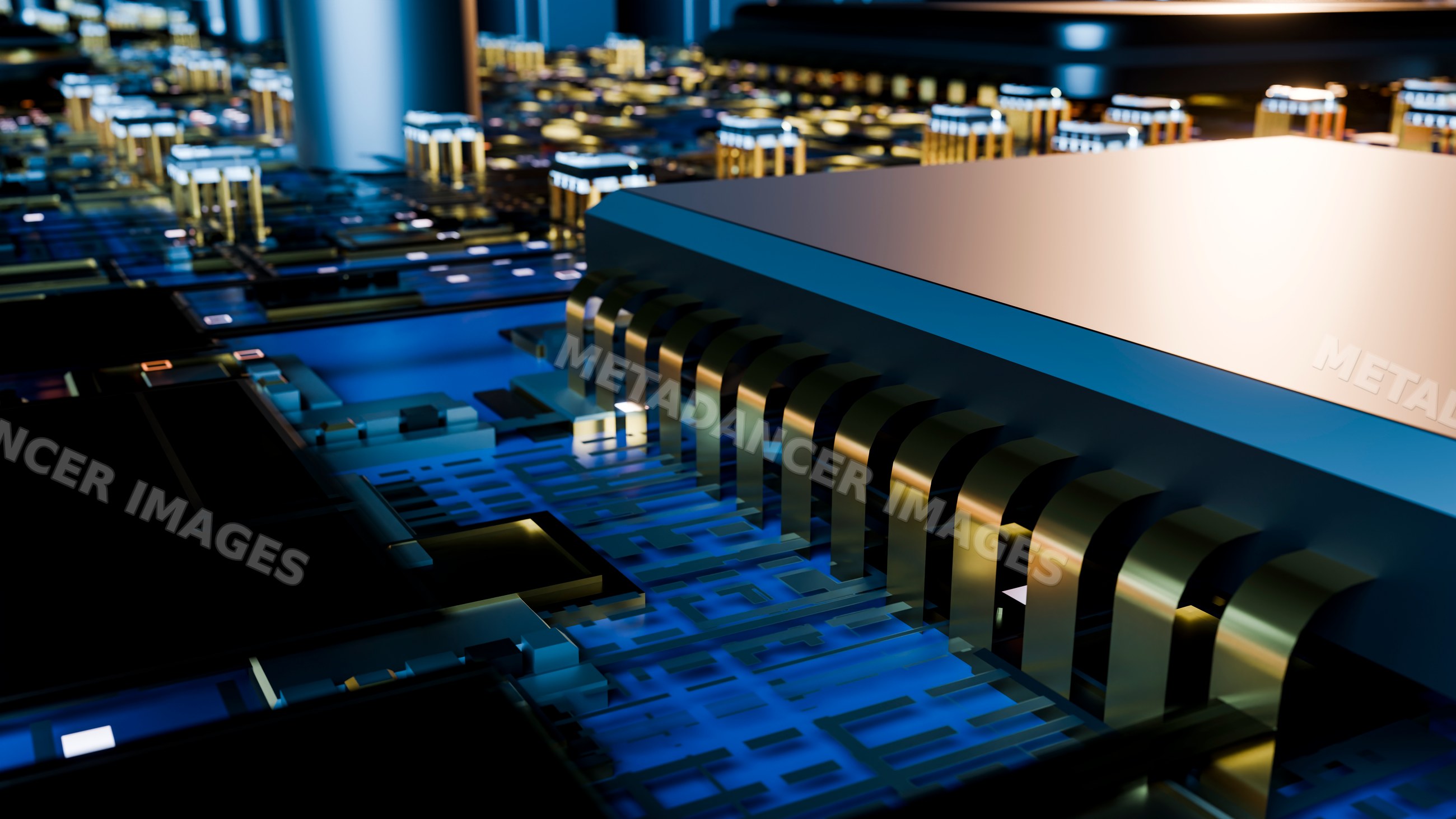 Computer chip with golden pins on printed circuit board