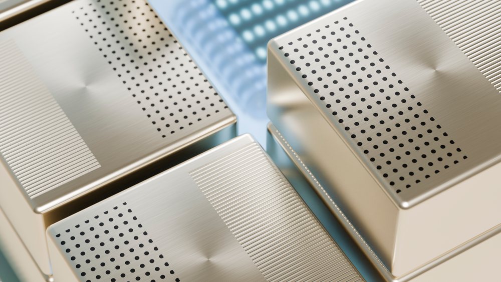 Silver rectangular metallic boxes with circular perforated patterns