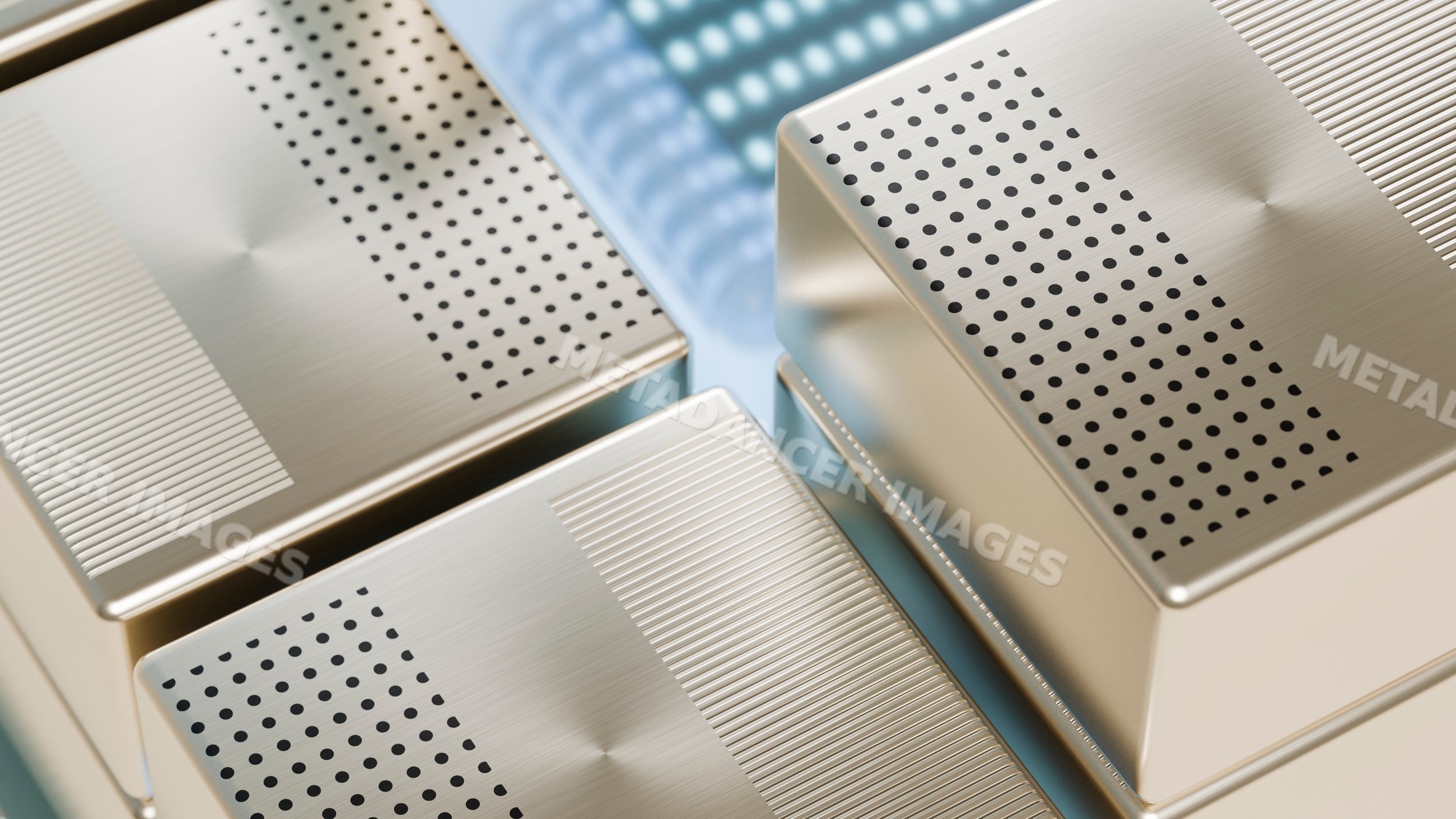 Silver rectangular metallic boxes with circular perforated patterns