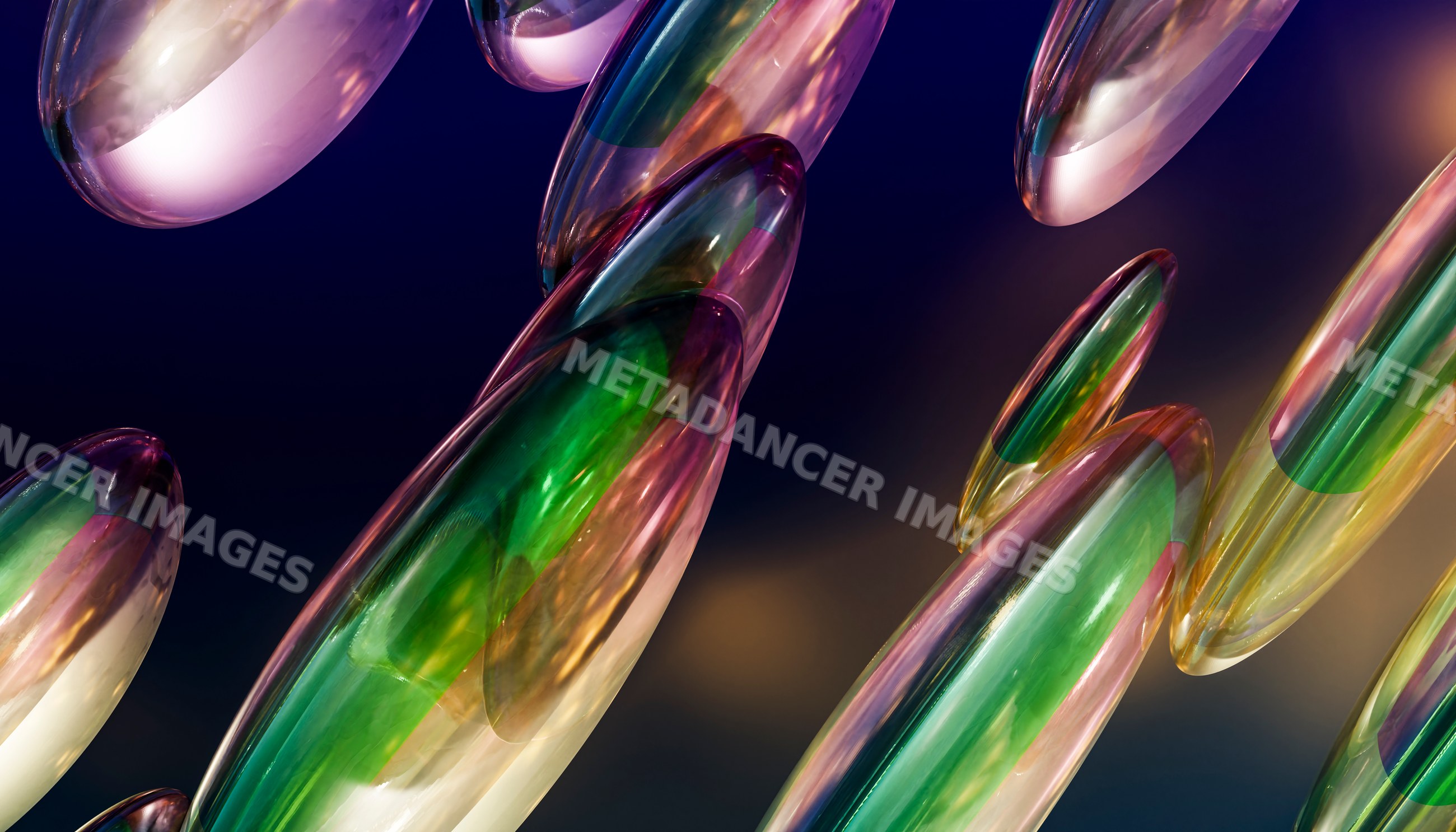Colorful elongated glass capsules floating in abstract art composition