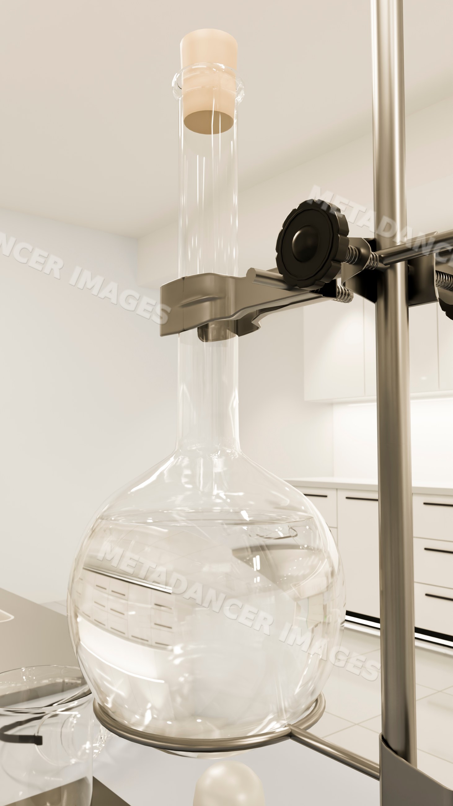 Round-bottom flask held in clamp stand filled with clear liquid