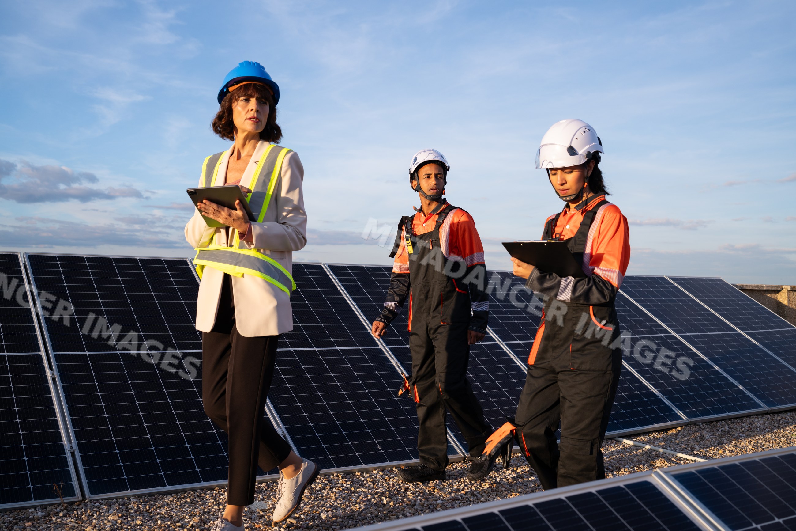 Solar energy technicians inspecting solar panels outdoors in Madrid