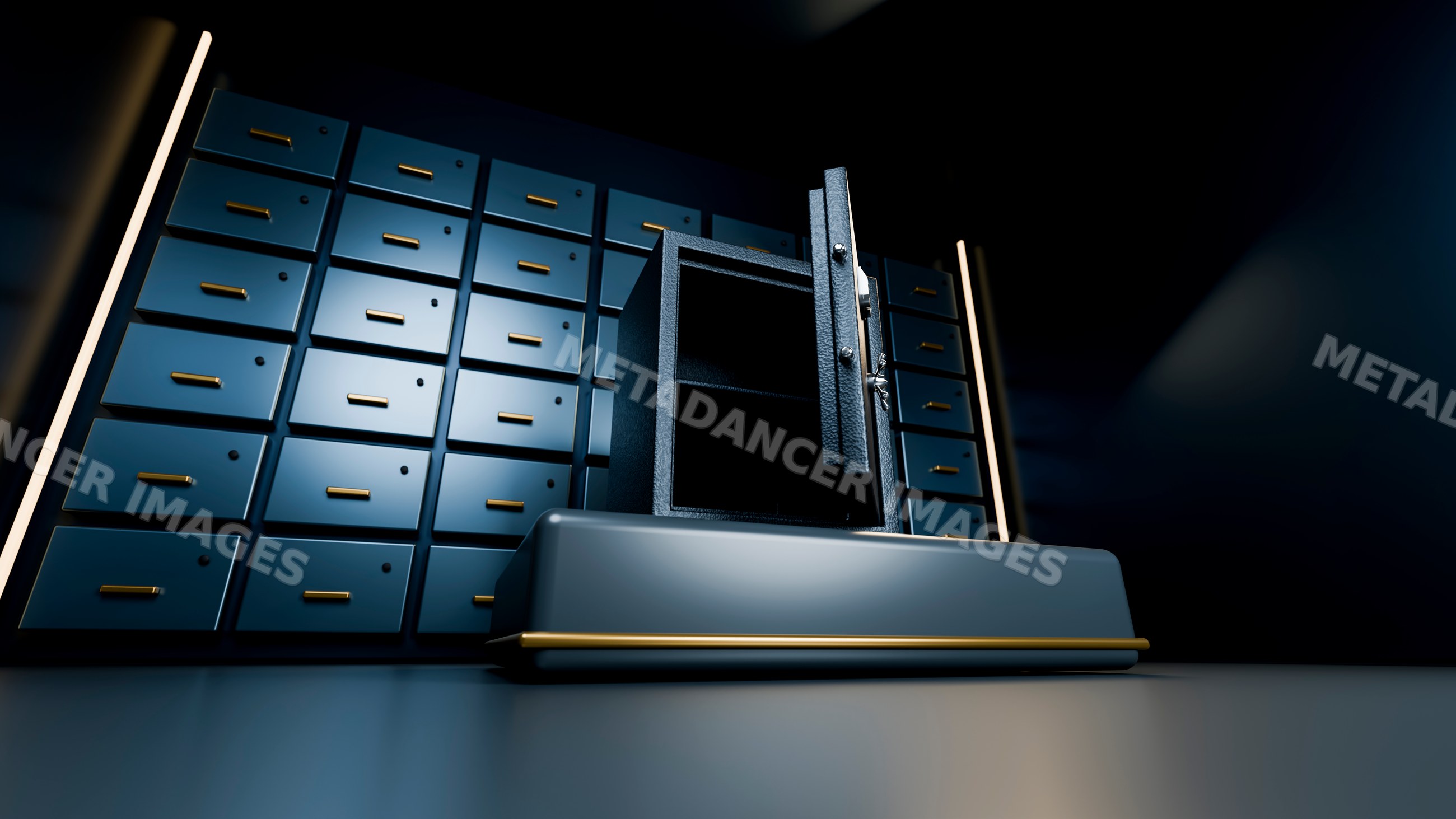 Open safe deposit box in dark bank vault with metal drawers and lock