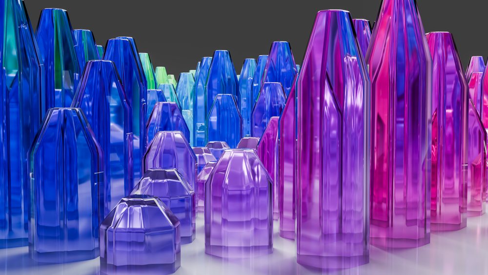 Cluster of colorful iridescent crystals in 3d illustration