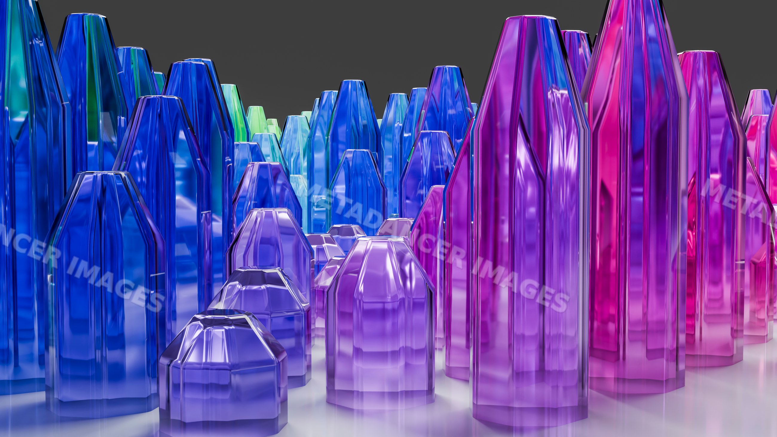Cluster of colorful iridescent crystals in 3d illustration