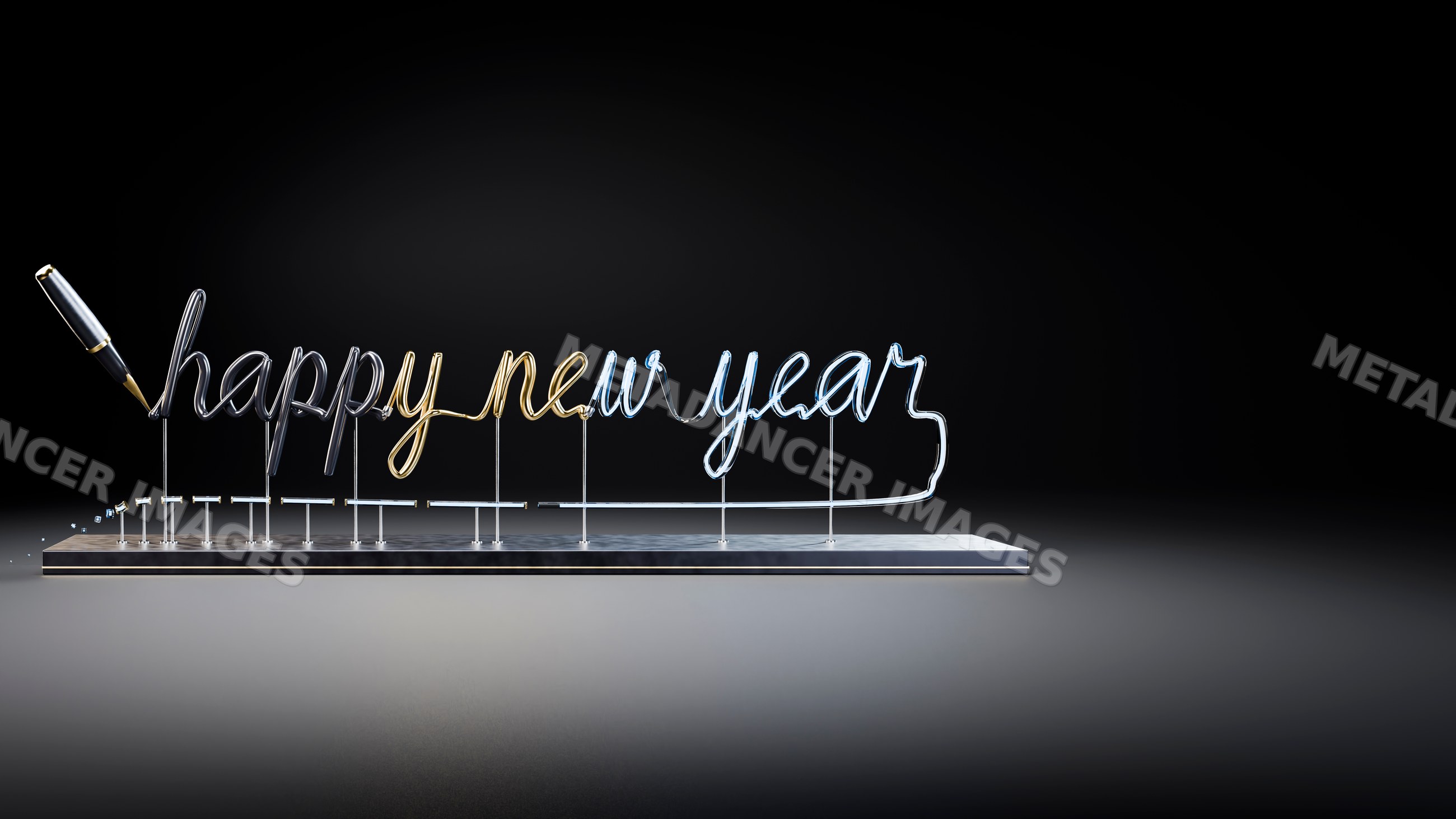 Neon happy new year sign held by pen on metal base