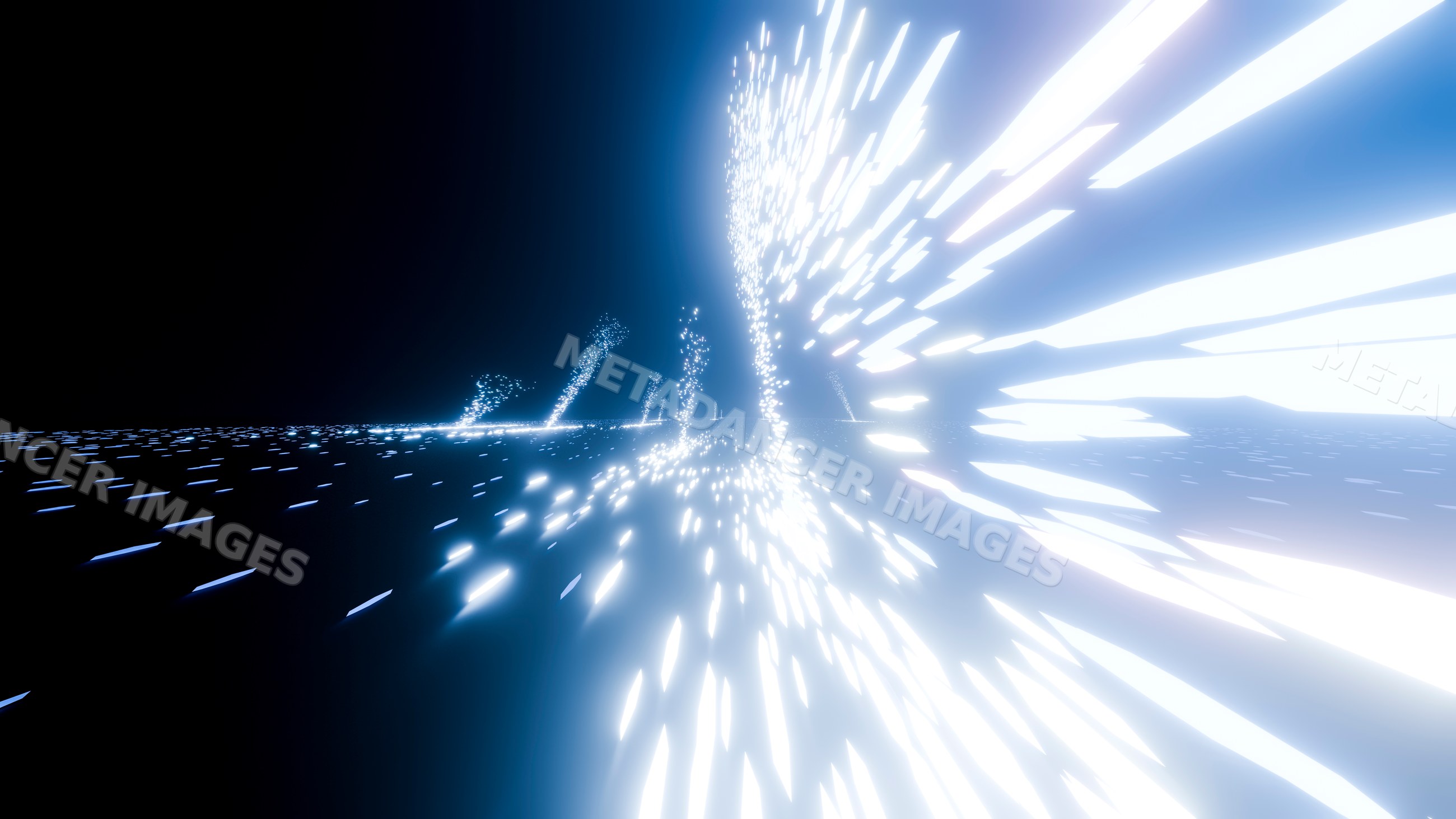 Digital abstract art of blue light streaks and particles