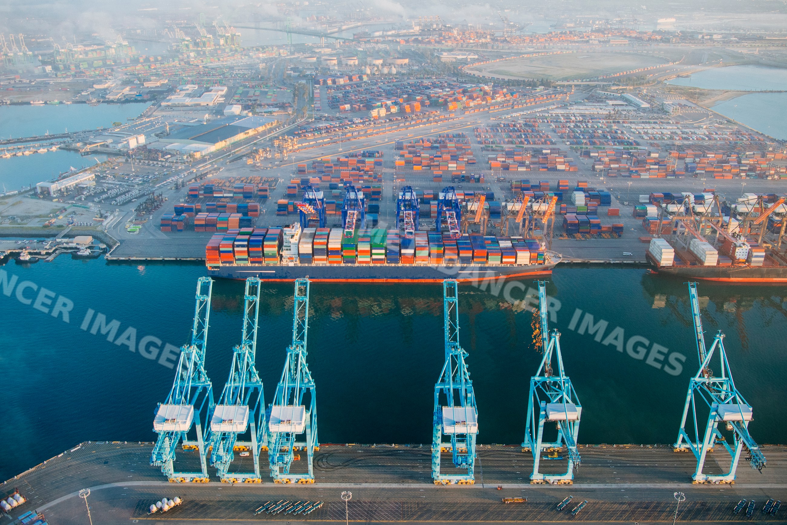 Container ship docked with cargo cranes in a beach