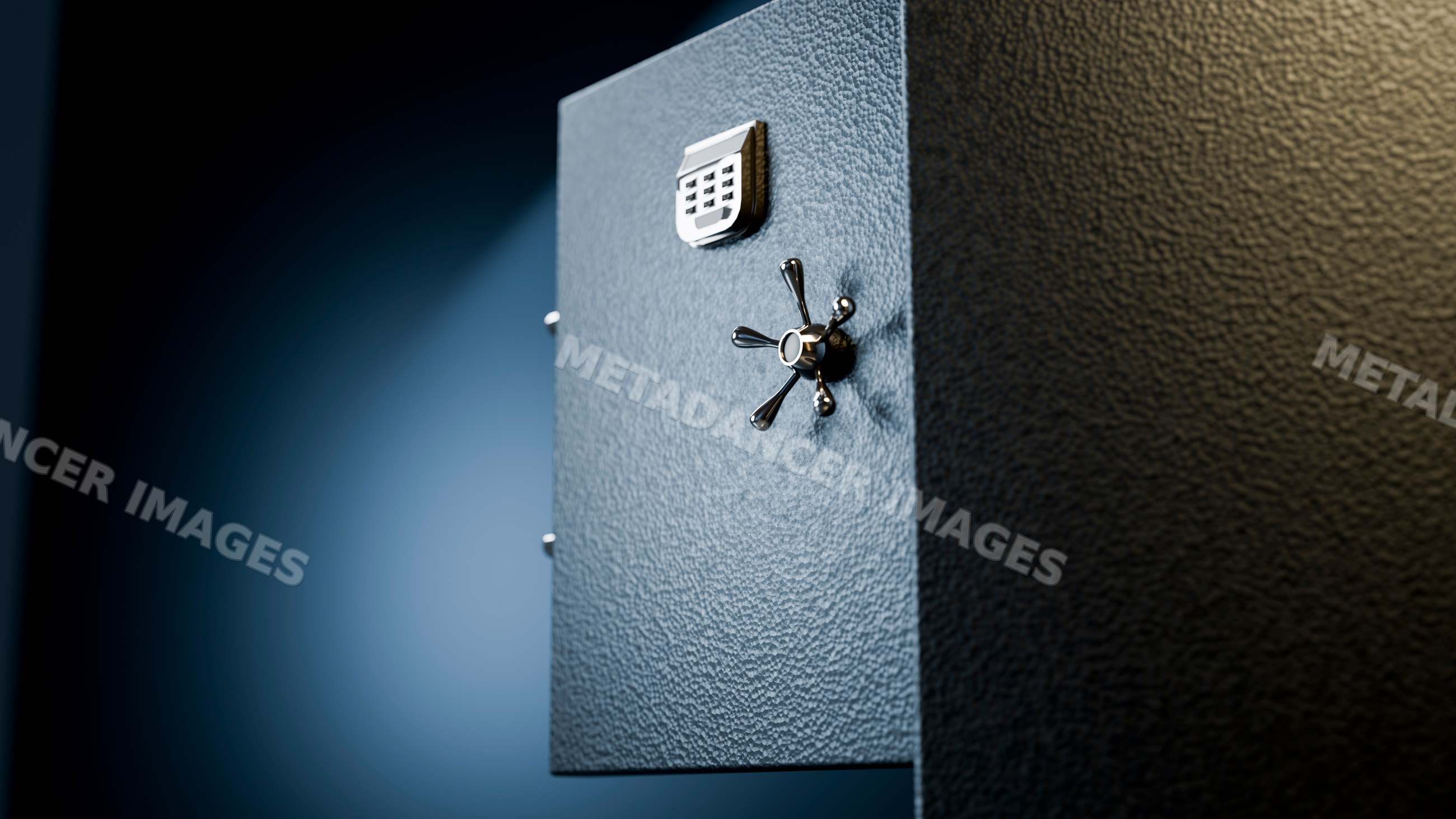 Metal safe with security lock handle and keypad on blue background