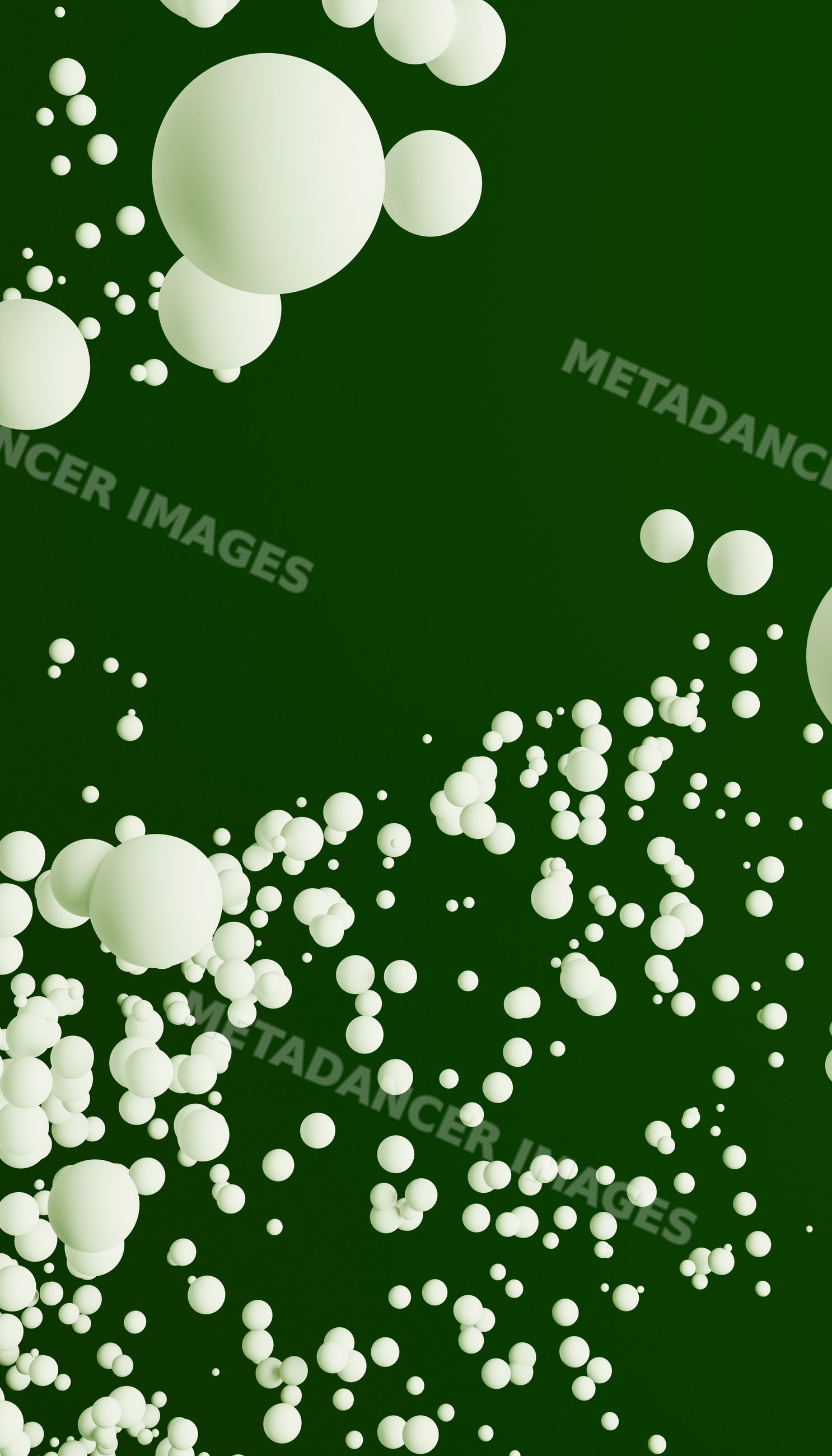 Floating white spheres forming abstract pattern on dark green