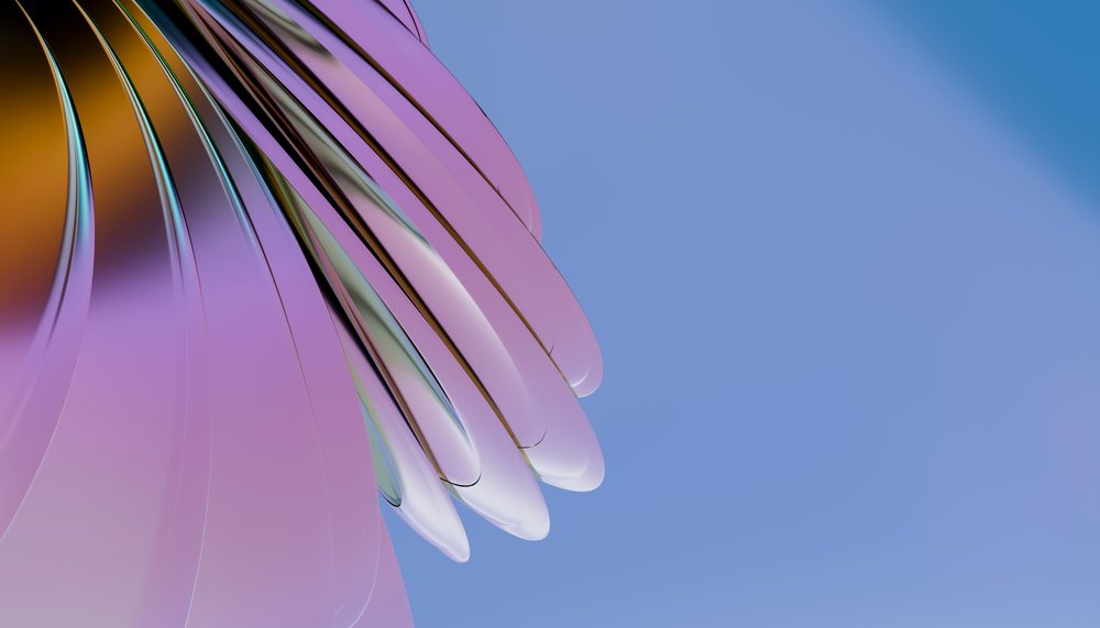 Close-up of curved metallic abstract sculpture with purple hues