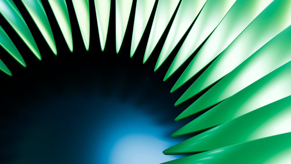 Abstract curved green radial spokes with digital gradient background