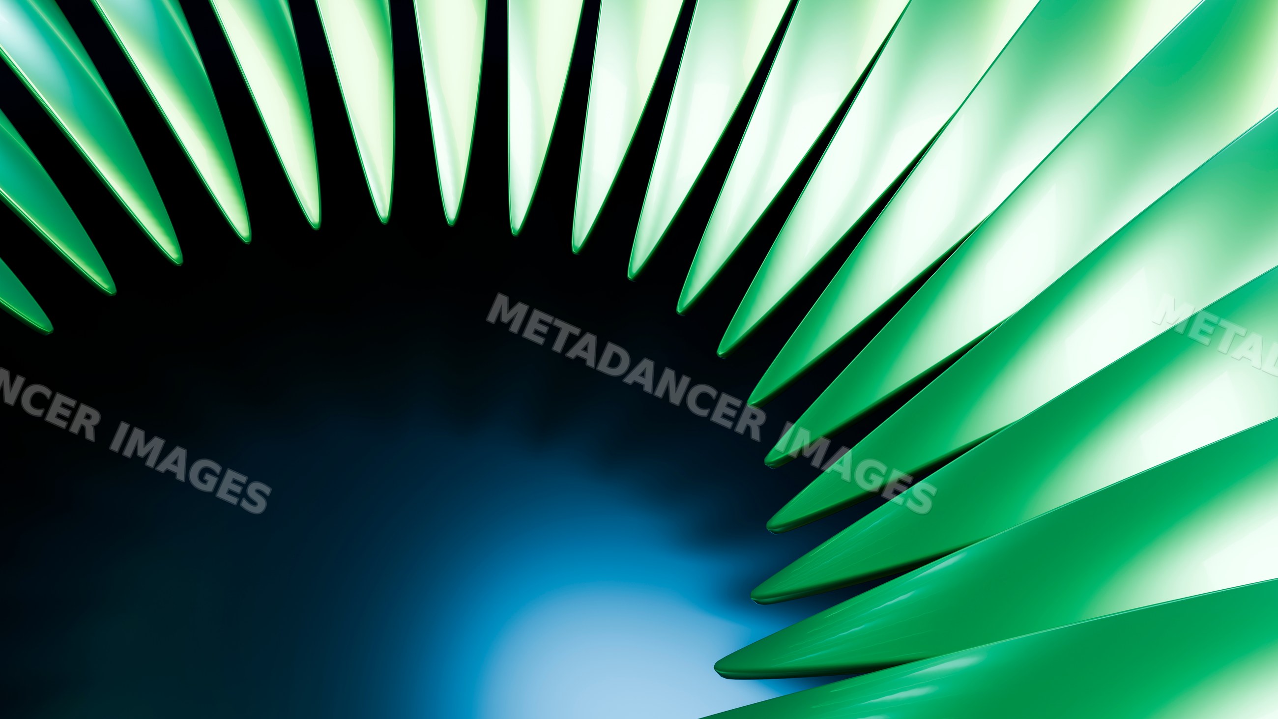 Abstract curved green radial spokes with digital gradient background