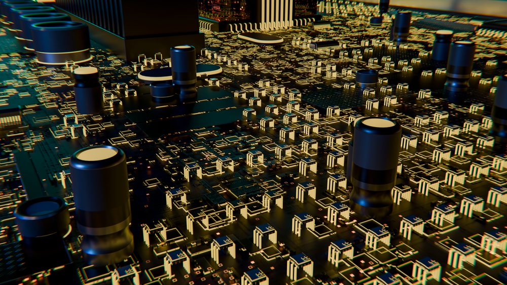 Close-up 3d rendering of electronic components on circuit board