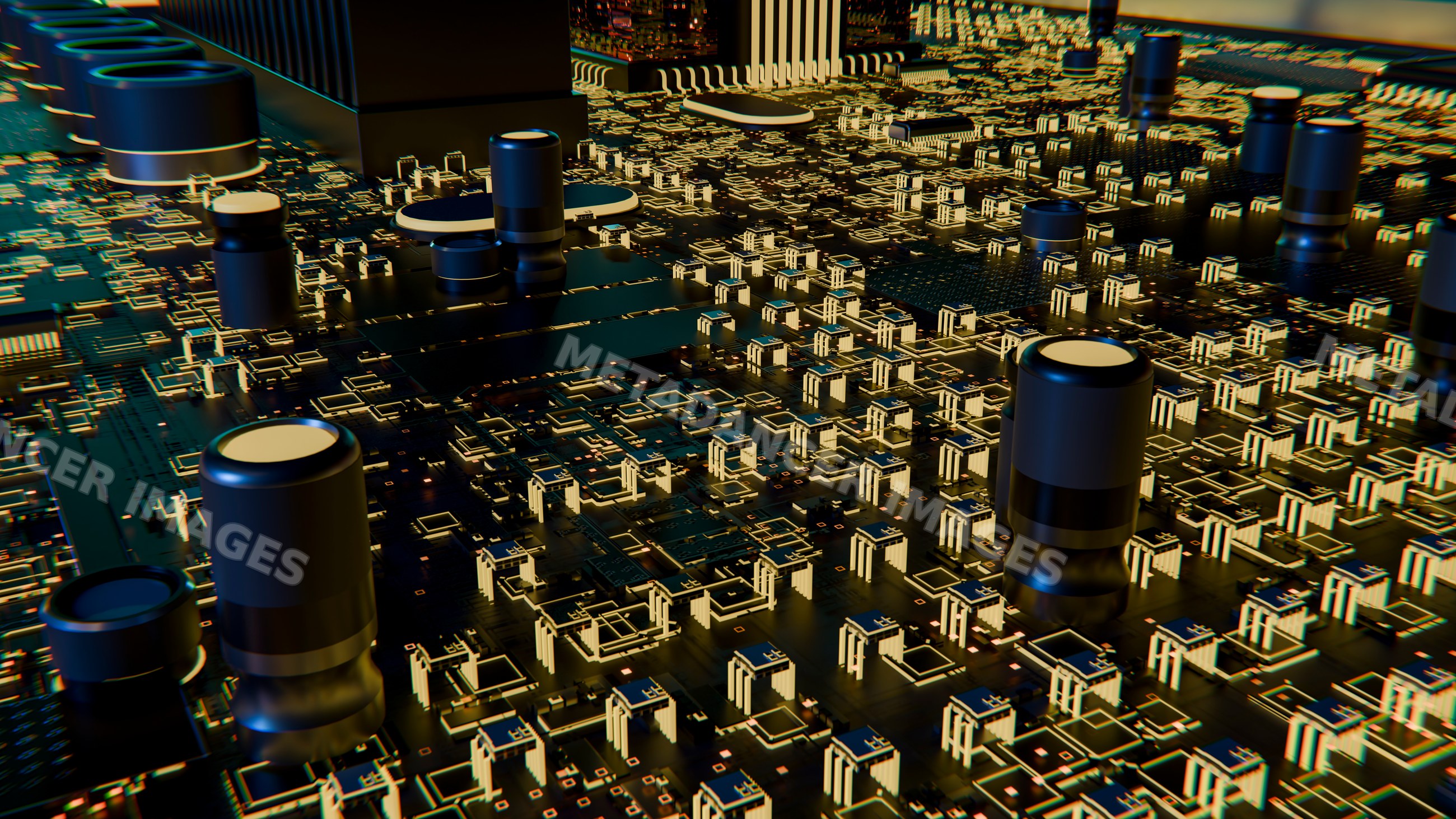 Close-up 3d rendering of electronic components on circuit board