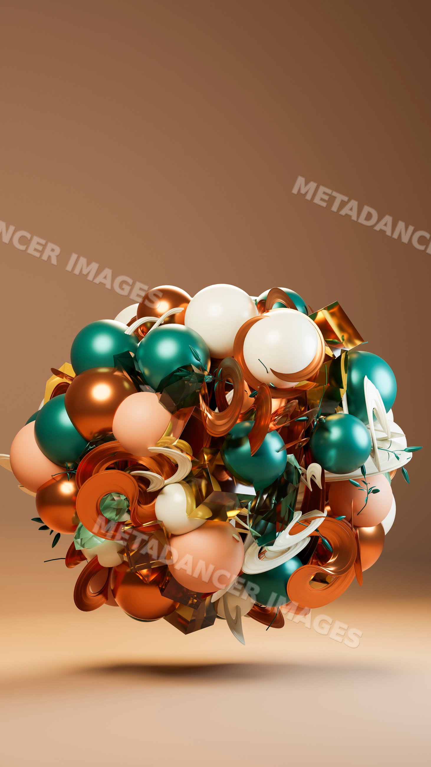 Abstract 3d floating sculpture with colorful spheres and curved shapes